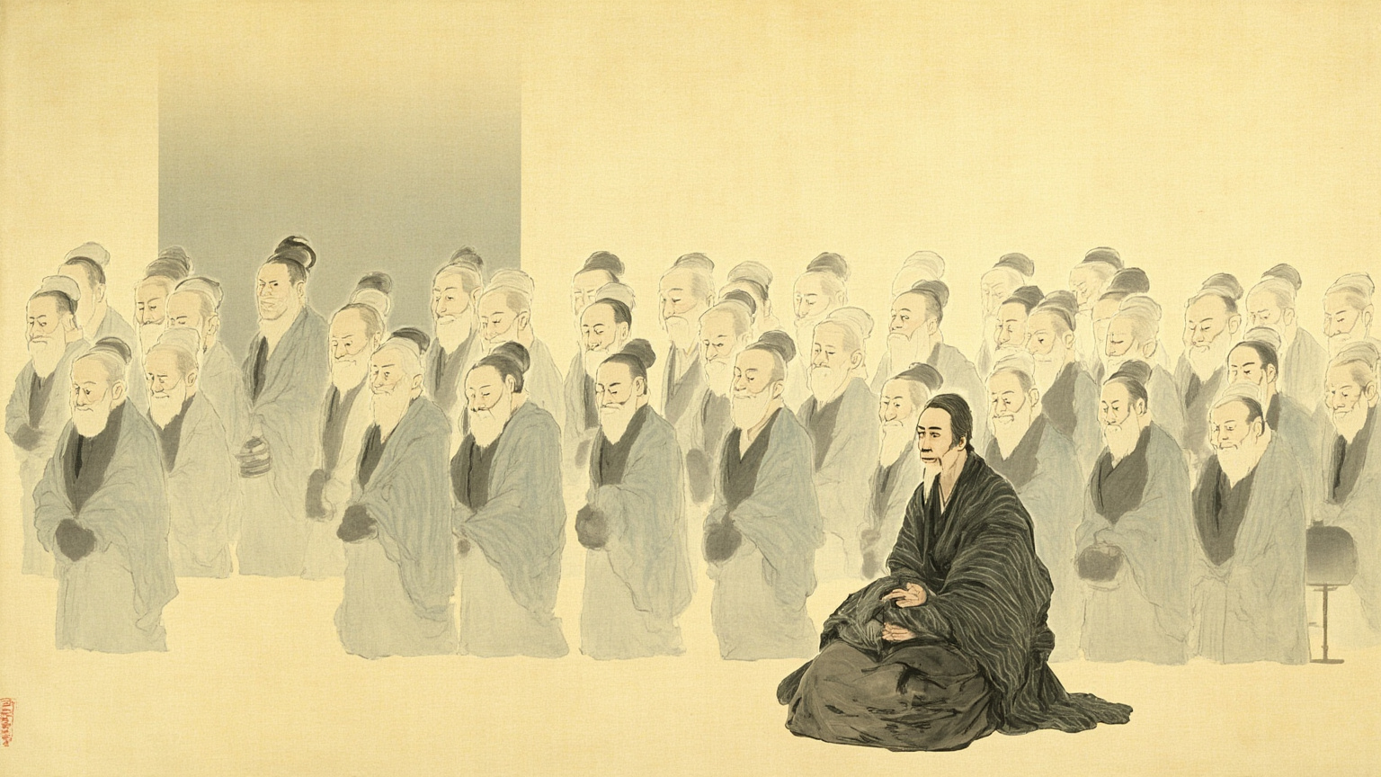 南宋禅堂内景，黎明前的灰光里，僧人面壁排坐，一动不动，道元坐于其中——画面没有任何戏剧性的顿悟瞬间，只有无数个肩膀的直线。