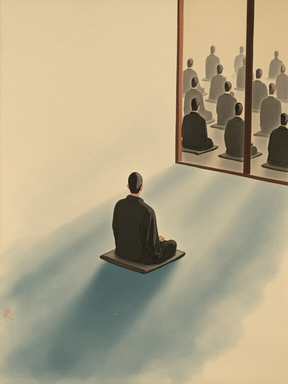 永平寺僧堂近景，一个僧人的背影，独坐于"単"（坐禅专用座位）上，背脊挺直，双手结印，头微微前倾——光线从侧窗斜入，尘埃悬浮，没有任何人看着他。