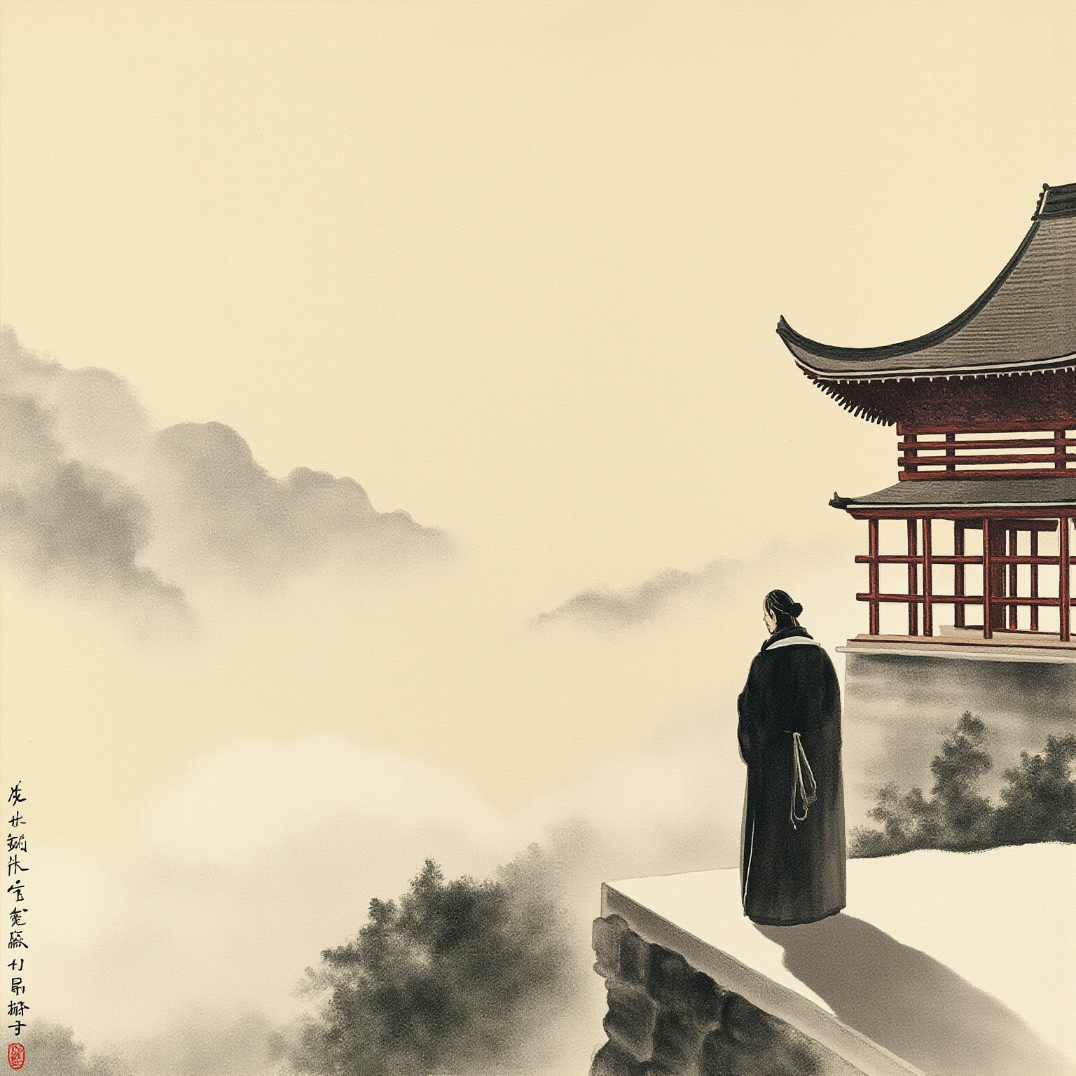 越前山谷的清晨，雾气在九头竜川的支流上缓缓移动，山寺的屋檐露水滴下——画面没有任何人物，只有山水本身在"显现"。