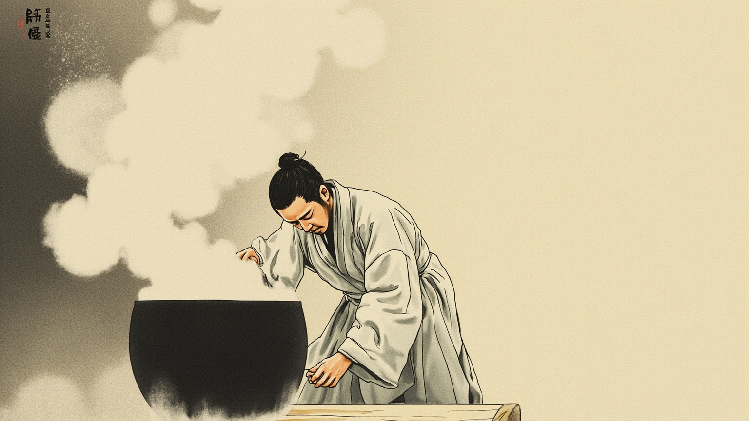 永平寺典座寮内，木桶蒸汽缭绕，一个僧人弯腰专注地往锅里添水，木勺悬在半空——光线昏黄，只有米粒的反光。