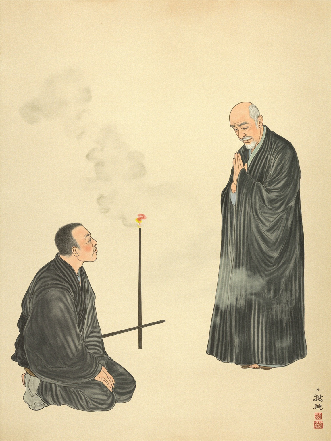 南宋寺院内，道元跪在如净禅师座前，双手合十，师父伸出手——画面定格在"印可"的瞬间，没有任何戏剧性的光影，只有两个人之间的一次点头。
