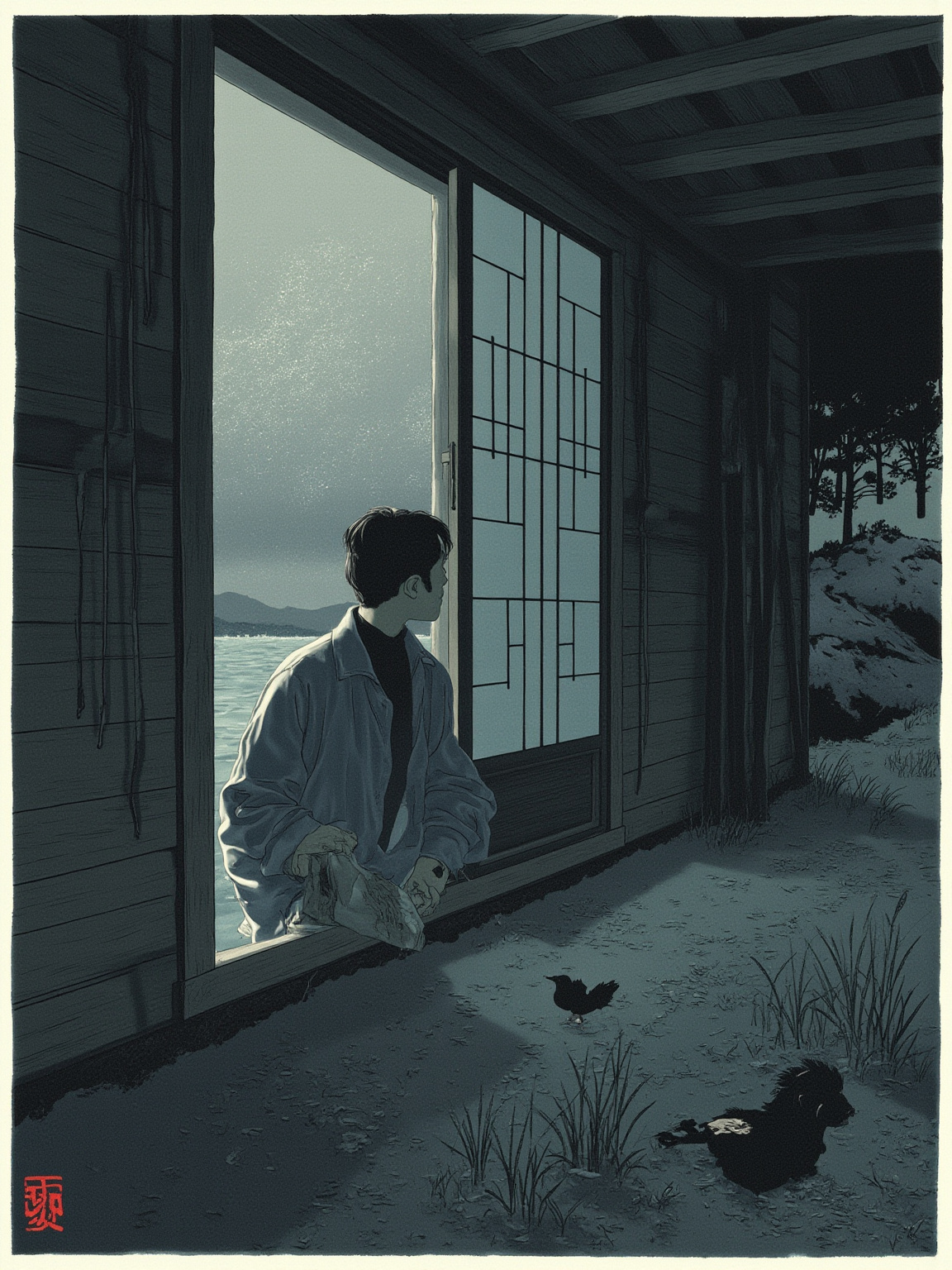 夜里的山野，主人公蜷缩在破旧的木屋外，月光从破纸门照进来，他低头坐着，双手抱膝——背景是黑黢黢的松林与远山的剪影