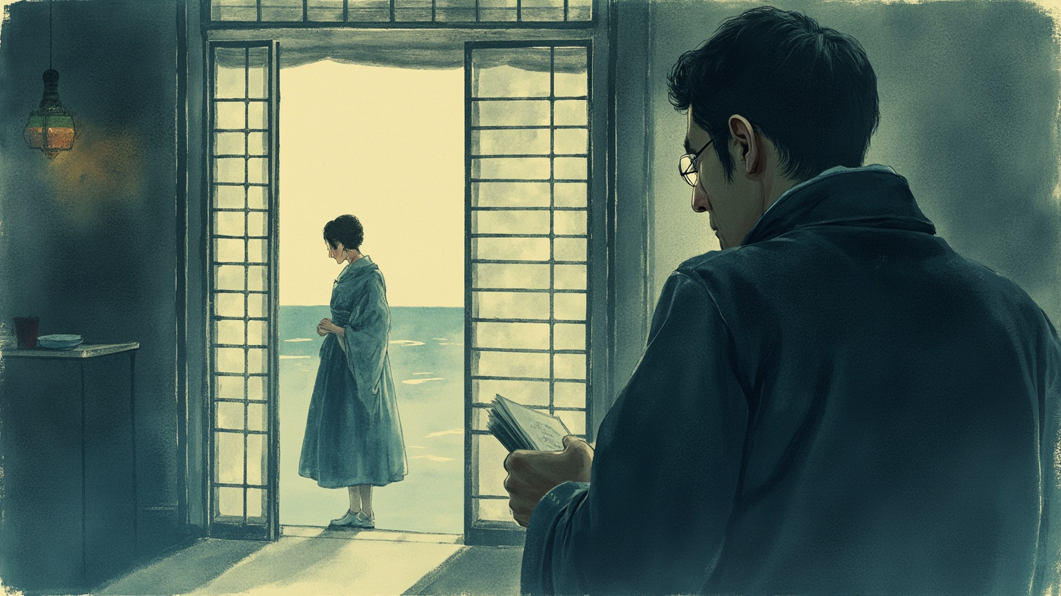 临海乡间小酒馆内景，昏黄灯笼下，日本侍女半侧身，主人公背对画面正要夺门而出——门外是夜色和隐约可见的海面