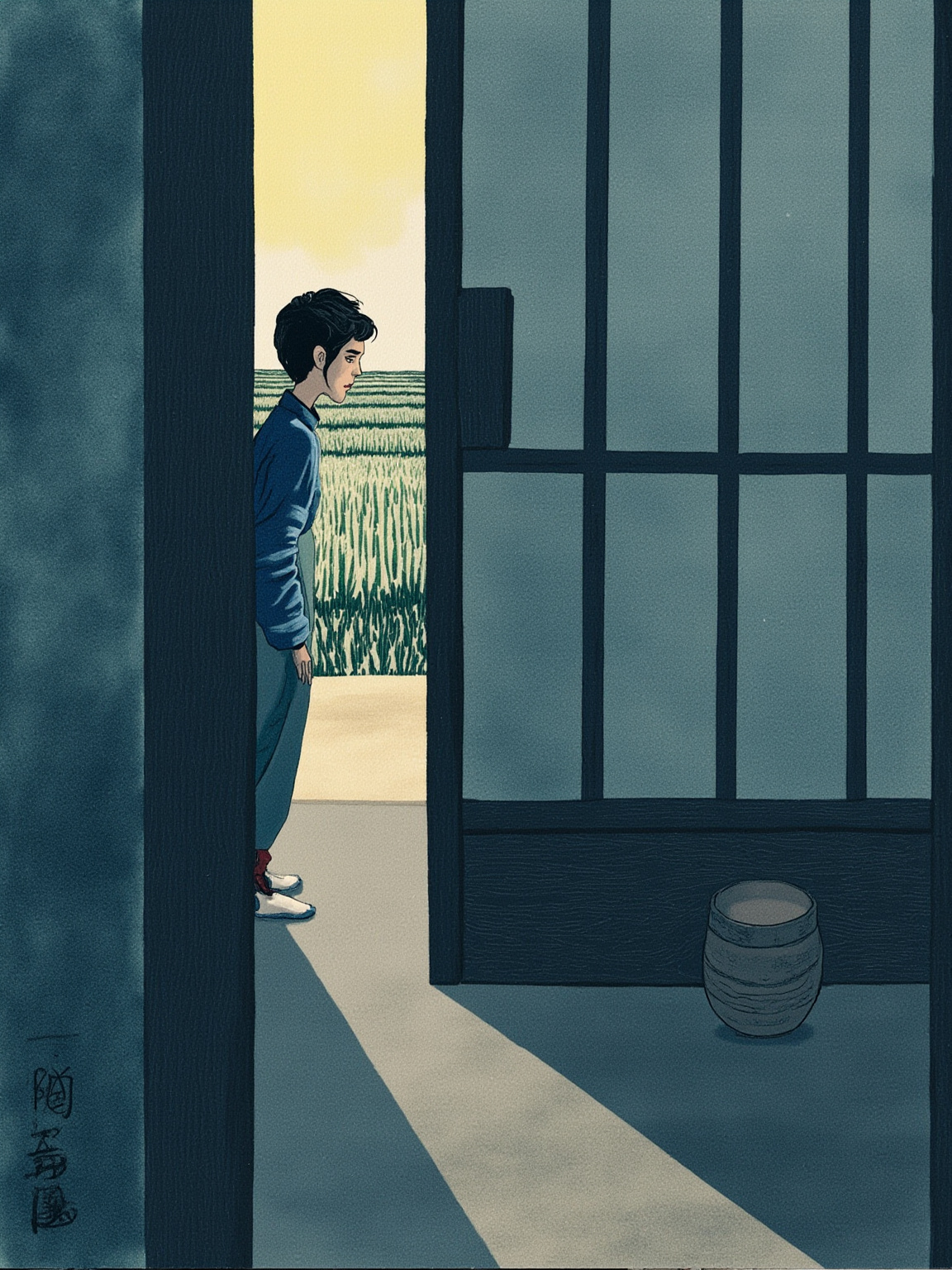稻田环绕的日式乡间农舍，糊着纸拉门，纸门中央有一个被窥视者戳出的小破洞，暖黄灯光从破洞里漏出来——整个画面笼罩在黄昏的青灰色里