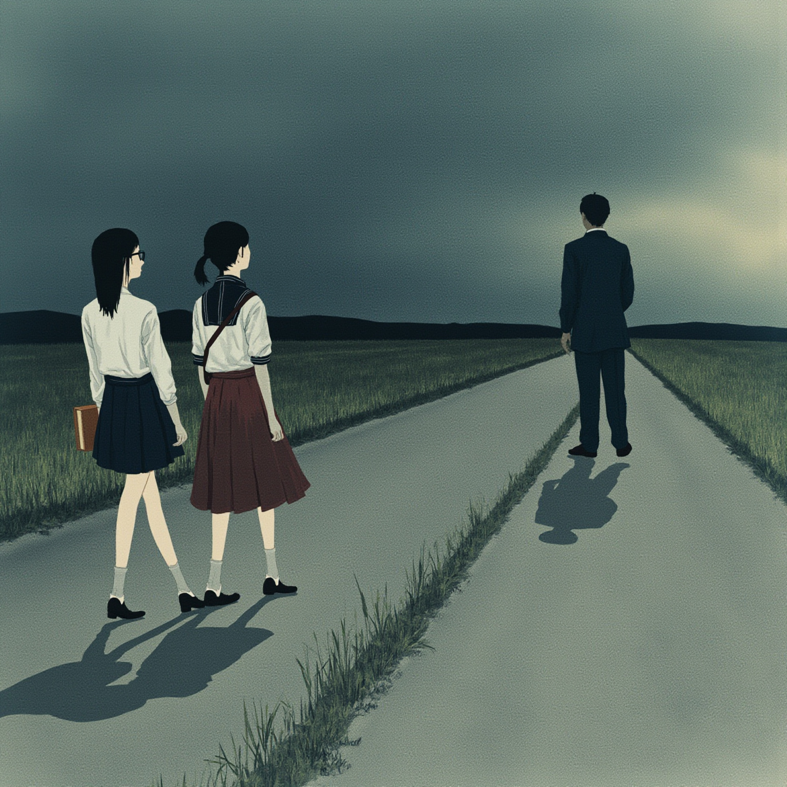 乡间土路，两名穿着和服校服裙装的日本女学生并肩走过，稻田延伸到远方——主人公的背影被画在最前景，孤独、瘦削，目送她们远去