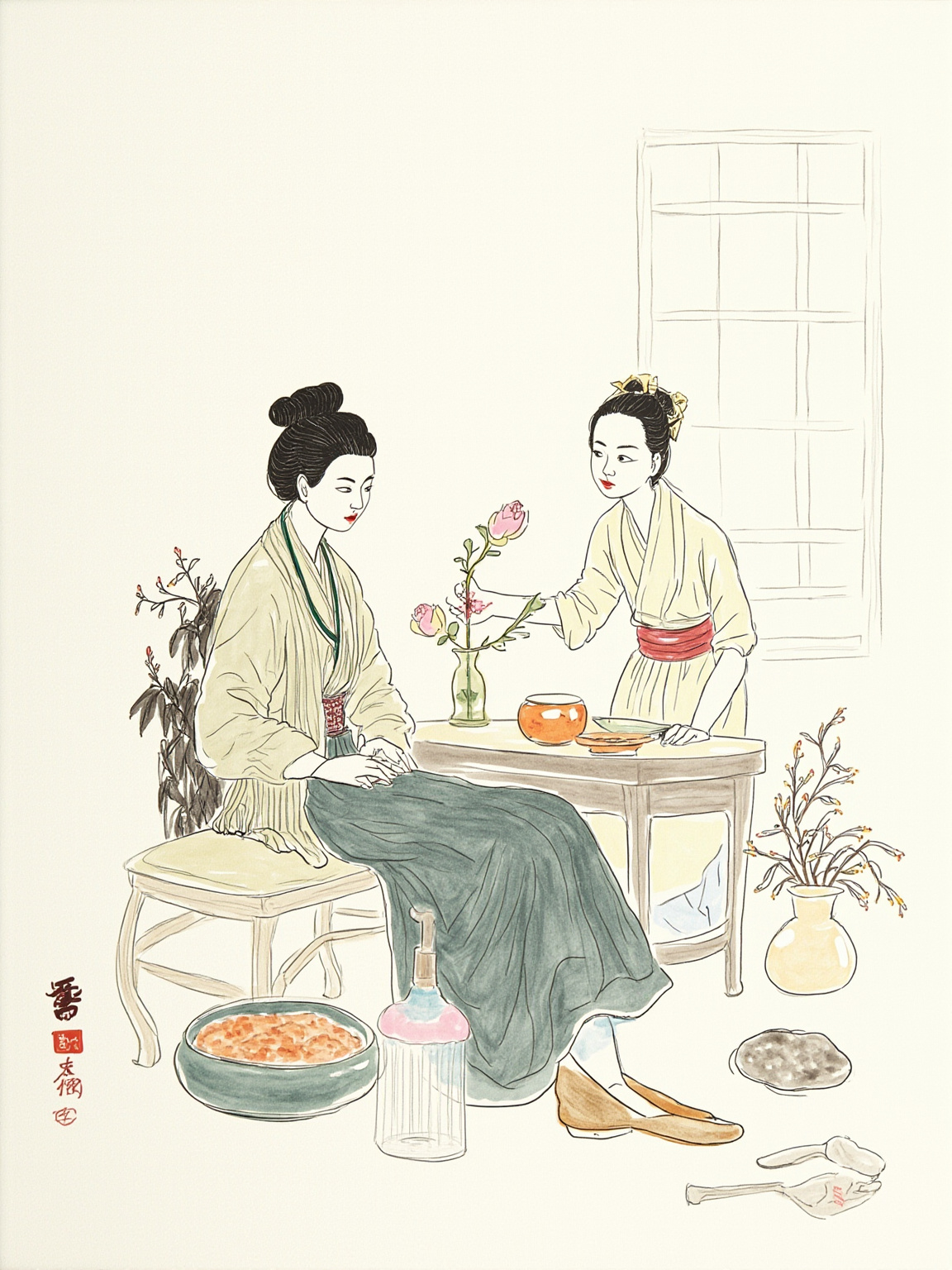 沧浪亭畔的夏夜旧宅,月光从窗棂泻入,案头摆着皱云石盆景和插着荷花的粗瓷瓶,沈复与陈芸并肩坐在矮凳上对酌小饮,桌上是两碟素菜、一壶温过的酒,背景是老屋的木格窗与墙上的字画,氛围清雅、静谧、带一点甜
