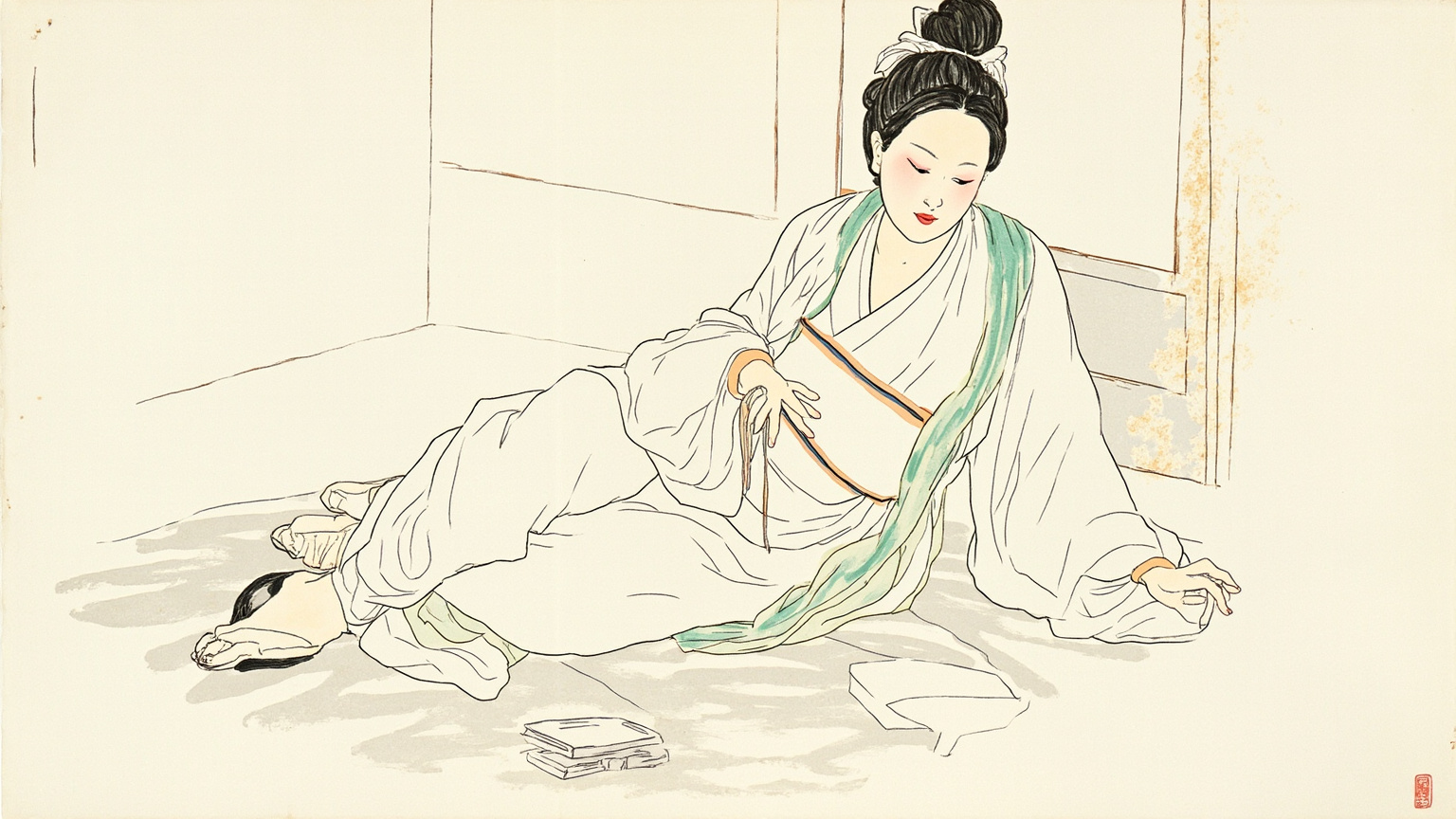 扬州城外一间漏风的租屋,夜色已深,烛火昏黄,陈芸裹着旧被半靠在床头咳嗽,嘴角有一线血丝,沈复蹲在床边握着她枯瘦的手,桌上只有半碗稀粥和一包廉价的草药包,窗外是异乡的黑瓦屋脊,氛围是哀绝、无力、即将告别