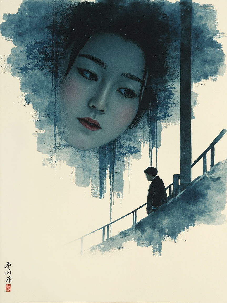 暮色中的火车车窗:少女苍白的脸映在玻璃倒影里,背后是流过去的雪山与林影,暖黄的车厢灯和冷蓝的雪光在玻璃上交汇,她正伸手探向身边躺着的病人。