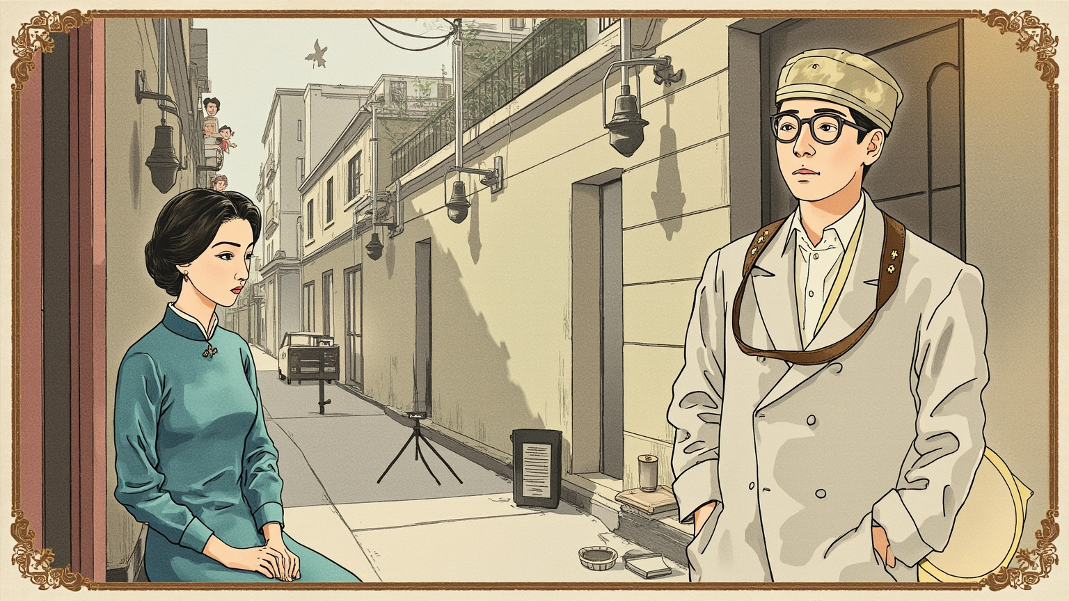 1940 年代上海弄堂的窄巷，午后斜光穿过晾衣竿打在墙上，一个穿阴丹士林布旗袍的少女站在摄影师的三脚架前，刚刚被按下快门，邻居们在巷口探出半个头张望。