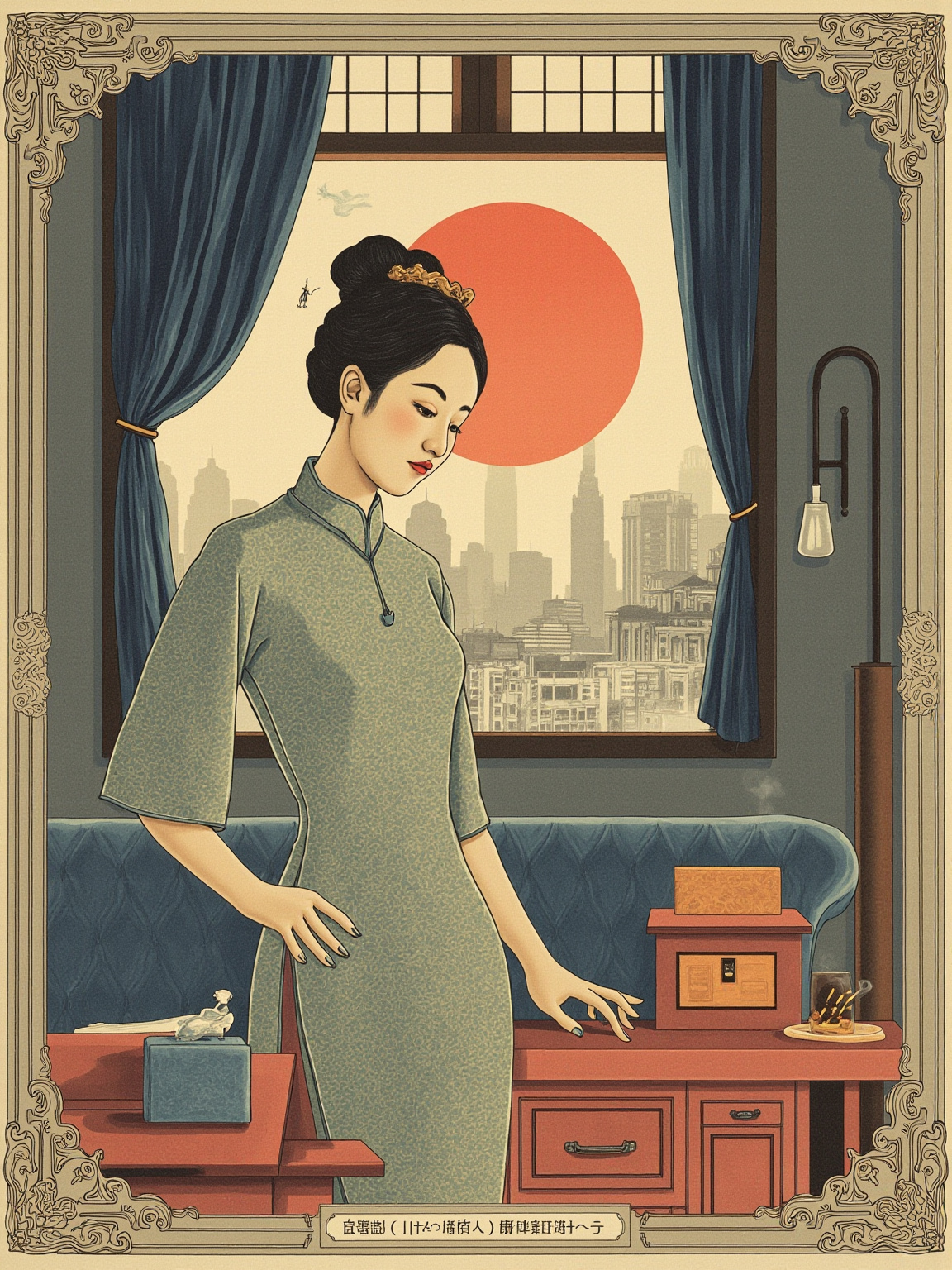 1940 年代法租界一栋老公寓的内室，丝绒窗帘半垂，梳妆台上摊开一串翡翠首饰，下午茶还冒着热气，屋里却空无一人——沙发凹下去的人形早已不在。