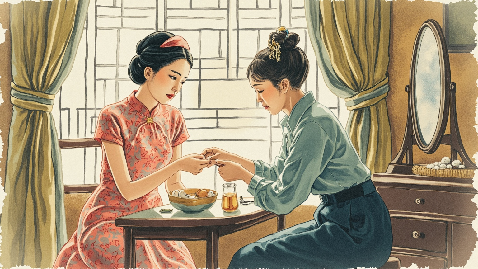1950 年代上海平民弄堂的亭子间，下午光线斜进窄窗，王琦瑶坐在临窗小桌前替一个老太太打针，桌上放着棉球、酒精、针管，旁边是一碟瓜子与半杯凉茶。