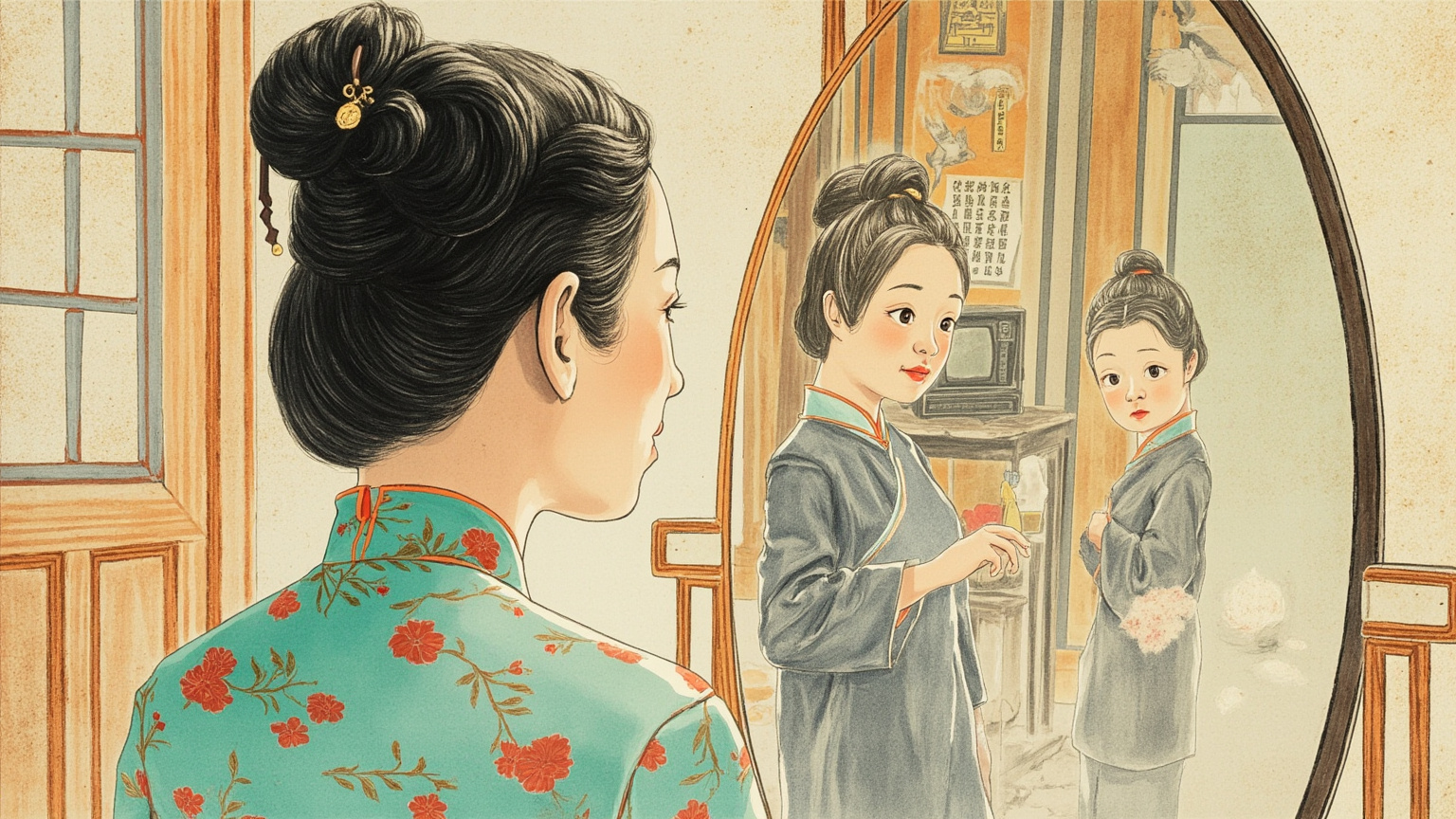 1960 年代末上海弄堂的窄弄，一户人家的门板被大字报糊满，鸽子笼下散落着碎纸屑，远处传来广播的杂音，一个穿深蓝布衫的中年女人背对镜头站着不动。