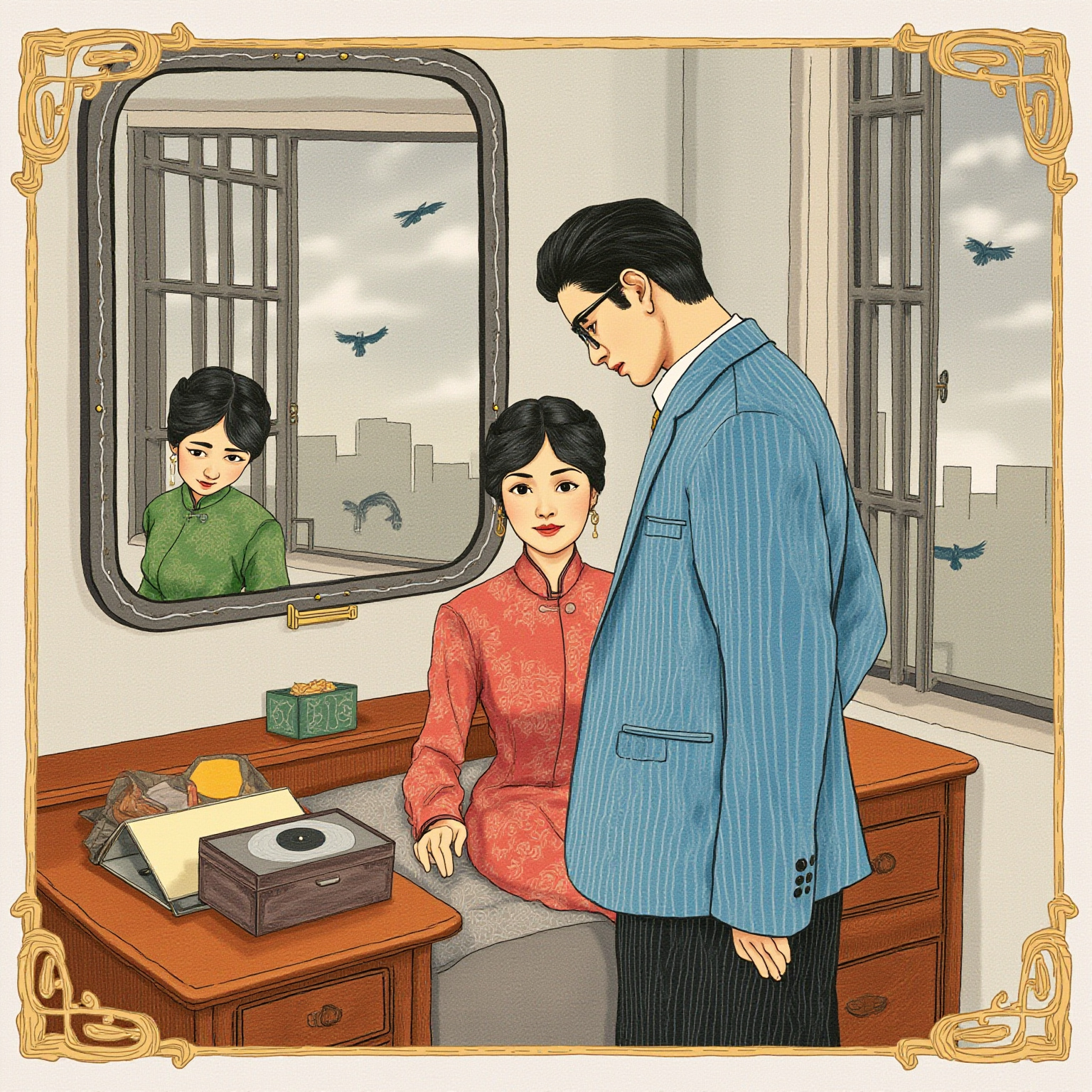 1980 年代上海弄堂卧室，红木梳妆台前摊着一只旧首饰盒，几根金条在台灯下反光，一个穿素色旗袍的中年女人倚在台边，对面是年轻男人转身离开的半截背影。