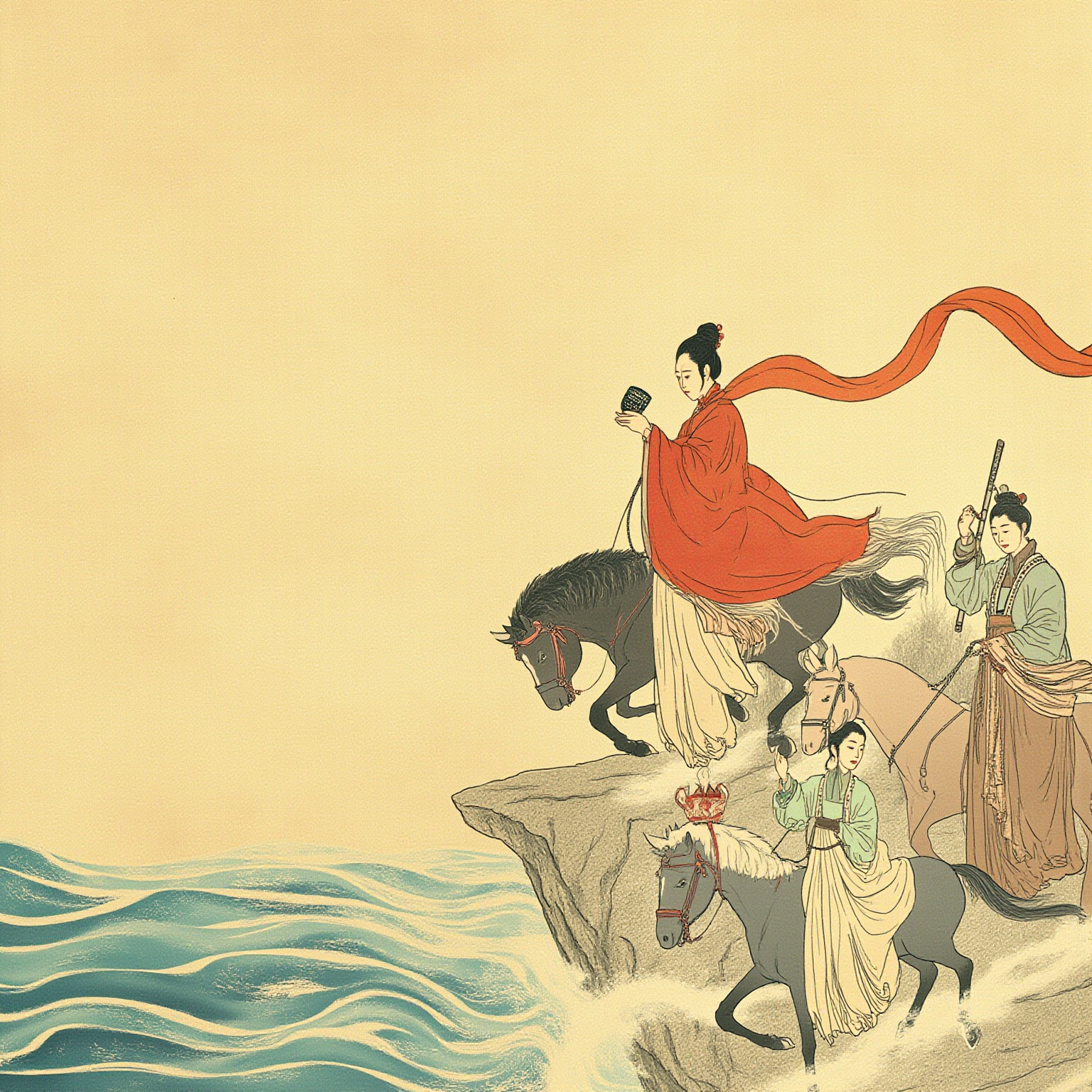 黑龙江畔黄沙漫天，和亲车队停下，红衣昭君立于江边石崖之上，手中酒杯倾倒酒液洒向故国方向风掀起她的披帛如旗