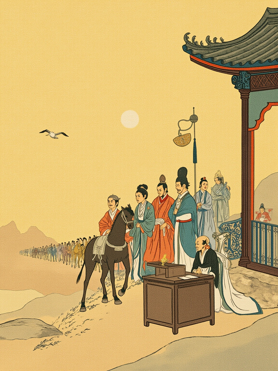秋夜空旷宫殿内部，纱帷半垂，皇帝独坐案后披发散发，半垂的眼帘下泪痕未干案上一盏孤灯，窗外月光映出一只孤雁掠过屋脊的剪影