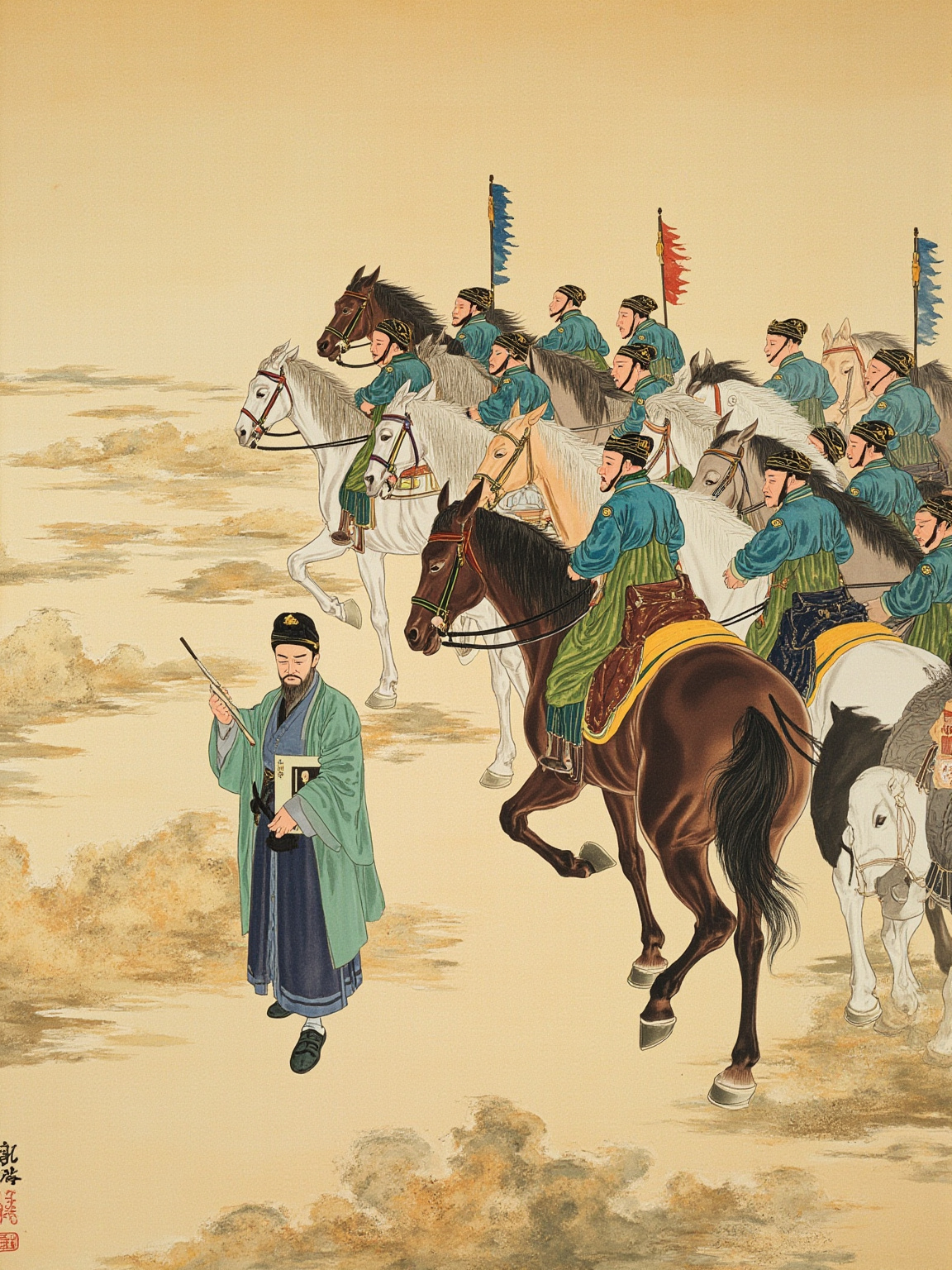 宫廷画阁内，画师毛延寿伏案执笔，面前铺着一幅美人画卷，他正用细笔在某处添上破绽烛光昏暗，宫女画像的眉眼若隐若现