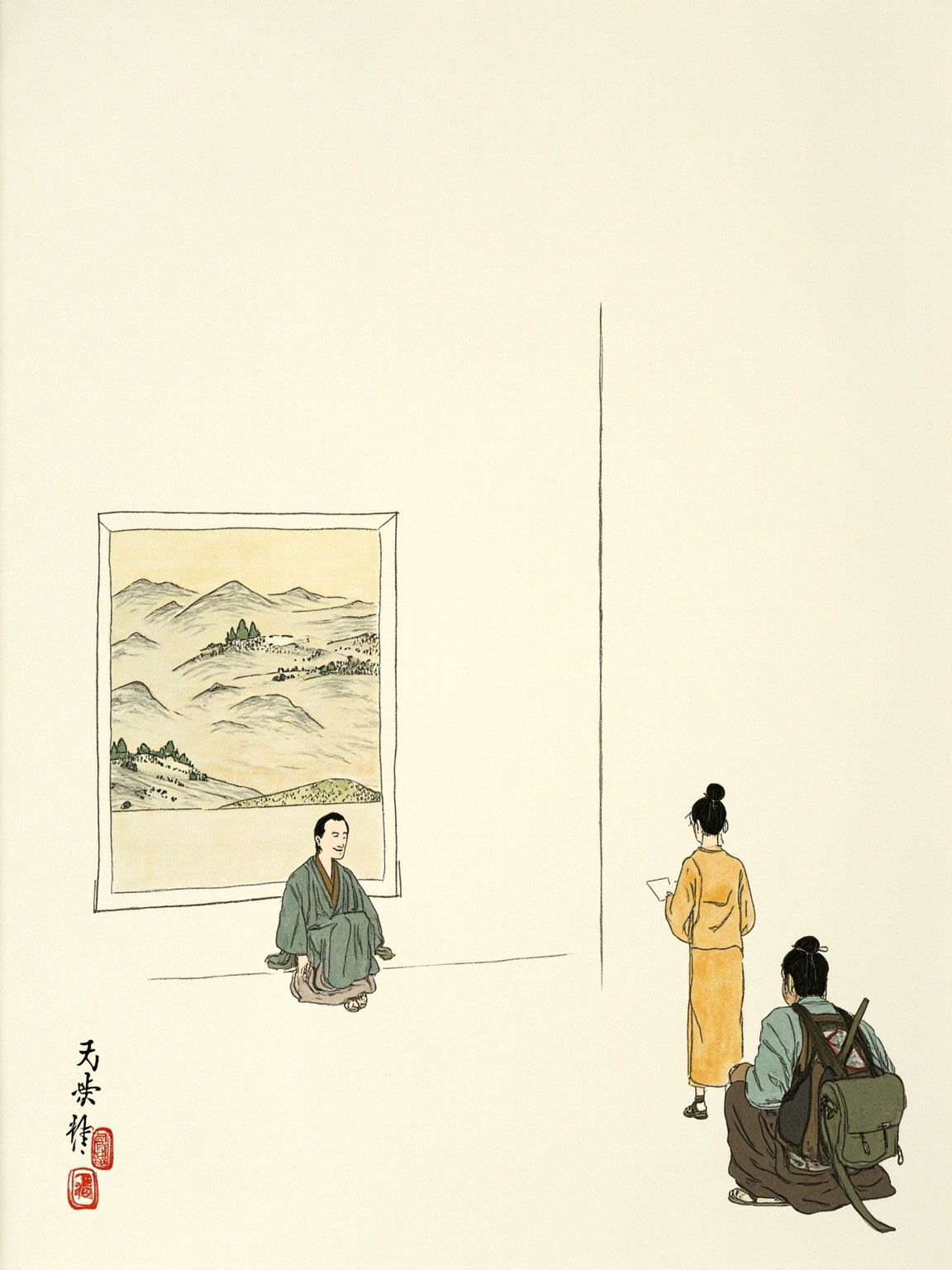 观海寺的佛堂里，墙上挂着一幅水墨山水，大徹和尚盘腿而笑，那美背对众人侧脸望向画轴，画家蹲在角落凝神端详却迟迟没有动笔——光线从纸窗外斜入，所有人像被定格在画里