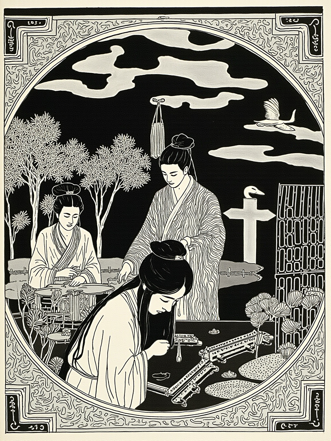 汉代平民堂屋,刘兄叉腰站立拍案,对面刘母坐在一旁大拊掌叹气,刘兰芝立在中间垂首不语,太守家送来的聘礼红绸堆在桌上。