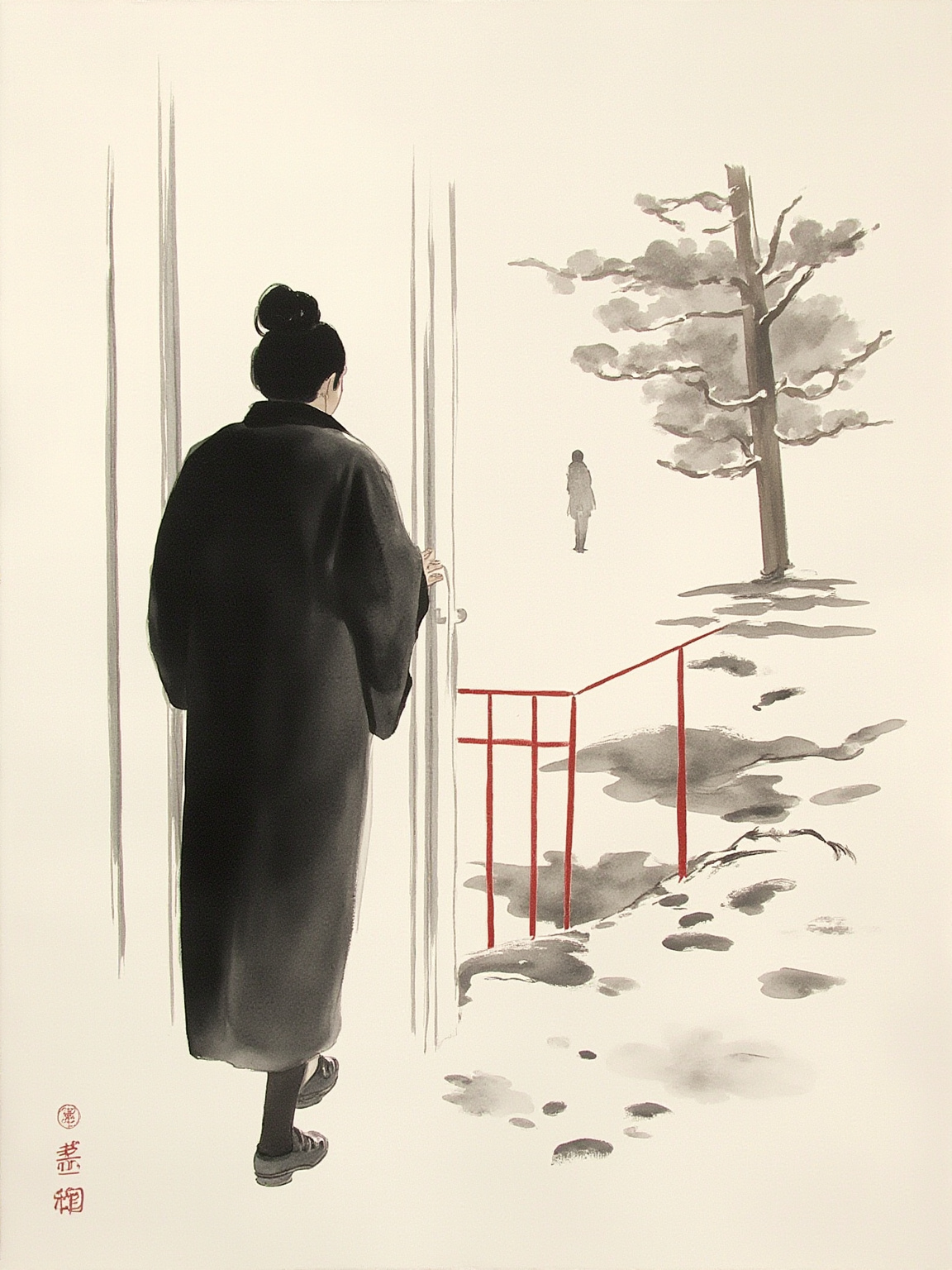 大正初年东京，松枝侯爵府西厢回廊，少年清显靠在红漆栏杆上，身旁小几上摞着几封未拆的素色信封，窗外庭院的红叶正被雨打落