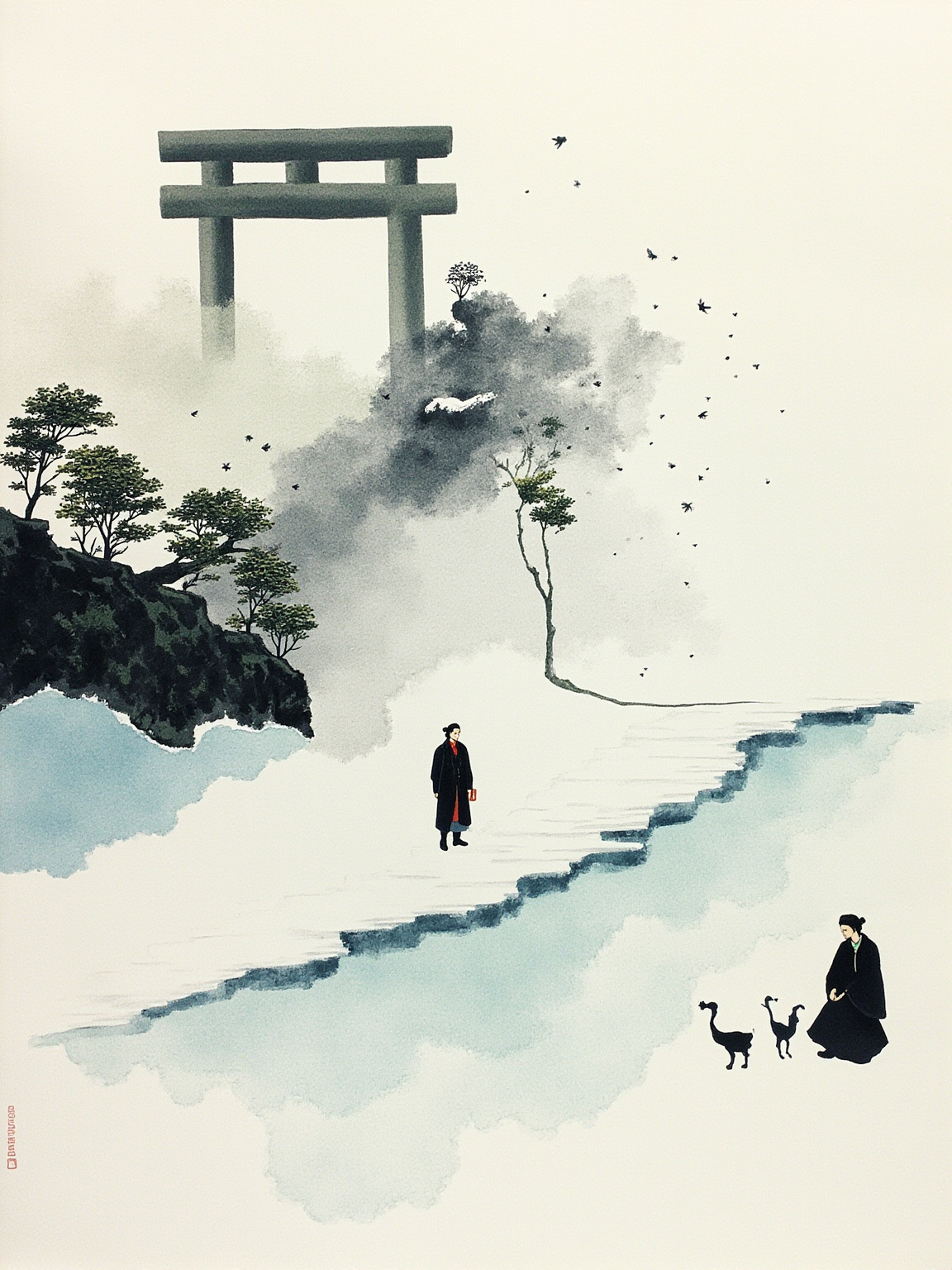 大雪封山的月修寺山门，积雪没过脚踝，清显穿着深色大衣跪在紧闭的寺门前，本多撑伞站在他身后，山门内隐约传来低沉的钟声