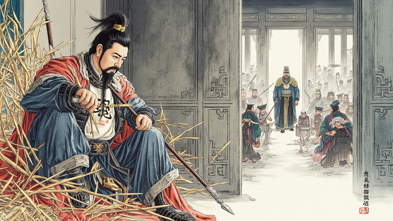 临安大理寺牢房内,岳飞坐于干草堆上背靠石墙,单衣胸前露出血书"天日昭昭"四字,牢门透进一束惨白的光