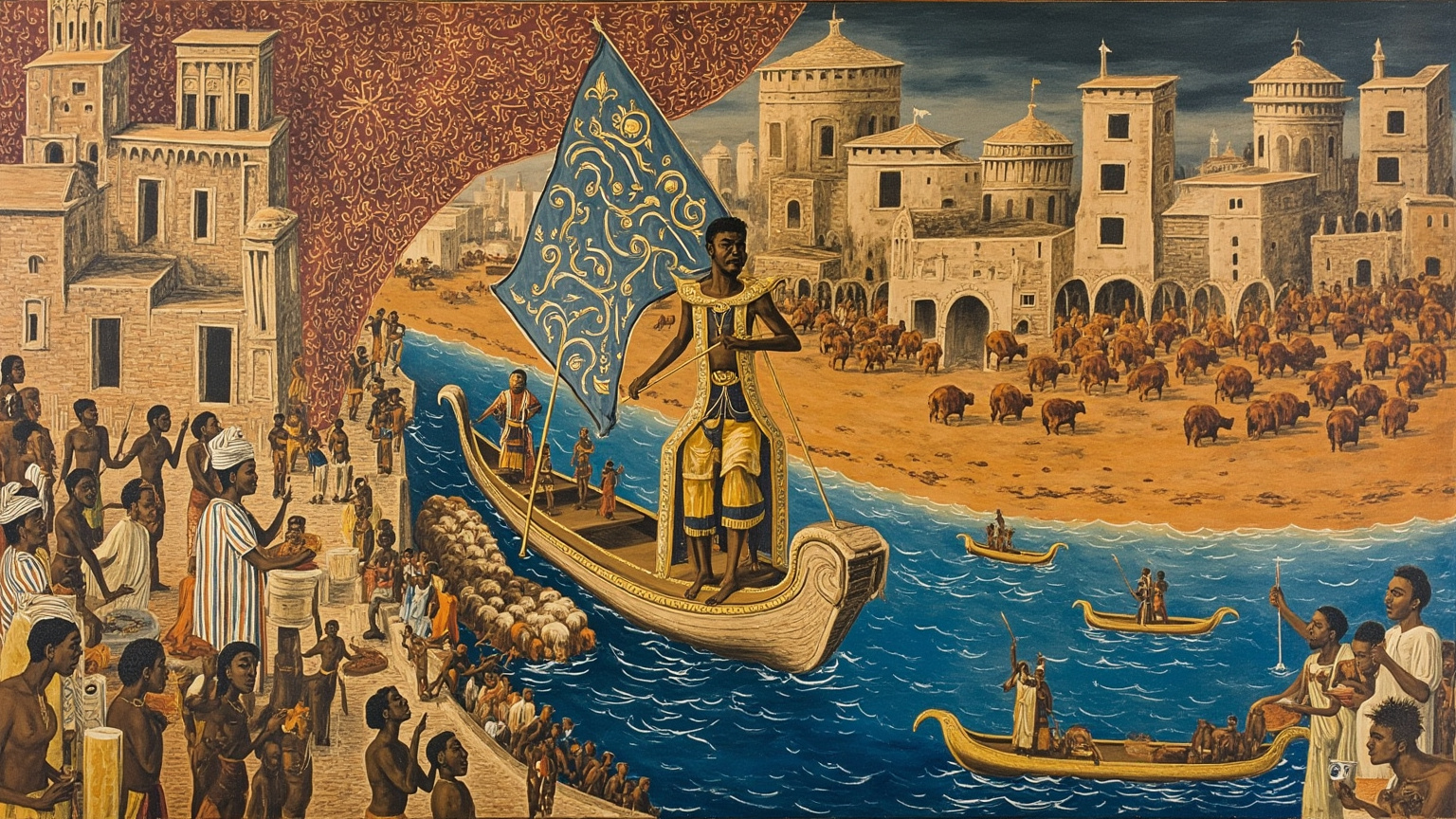 The waters of the Niger carried the victor home, and at every village the people lined the banks to acclaim him; a hundred oxen and a hundred sheep were sacrificed to the spirits of the river.