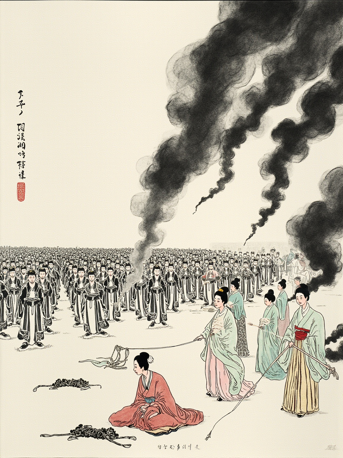 校场中央两名华服女子伏地，四周宫女鸦雀无声列队肃立，鼓声再起时无人再笑，远处一名内侍手捧未送达的求情令僵立原地，氛围肃杀。