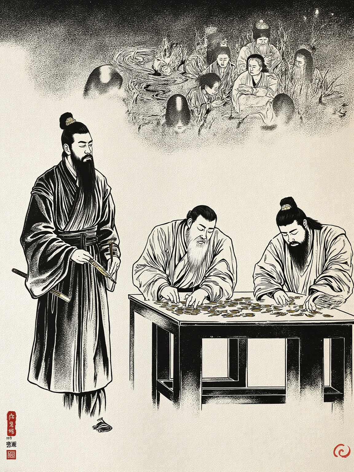 庙堂深处烛火摇曳，几位重臣围坐沙盘之前，沙盘上插满代表敌我兵力的小旗，居中一人执笔在竹简上演算，氛围肃穆如深夜董事会。