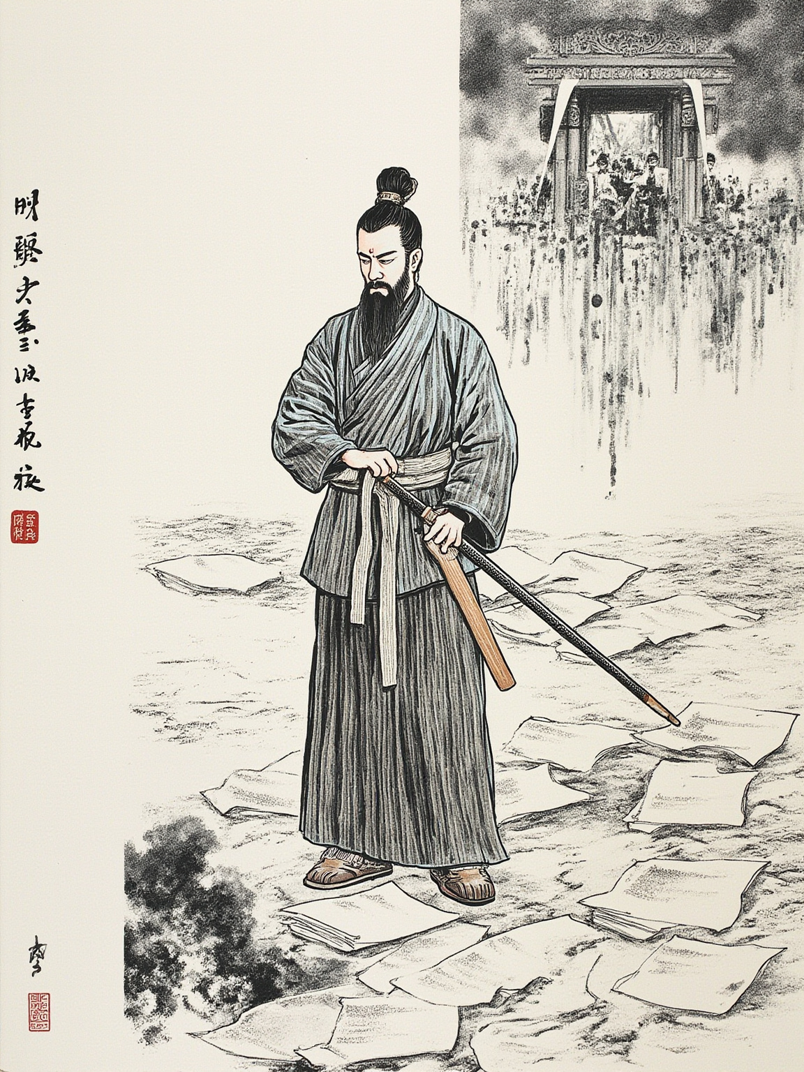 竹简铺陈在案上，烛光下“知己知彼”四字被独立放大，背景虚化处隐约可见沙盘与兵旗，整体氛围如同深夜研读古籍的安静书房。