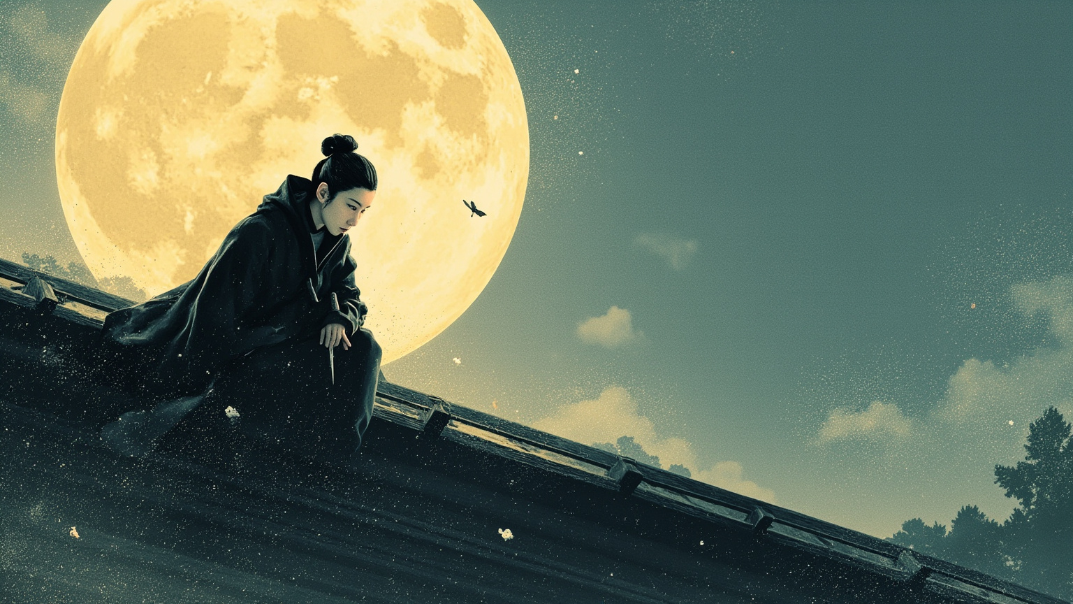 The girl concealed herself in the ridge of the roof, white dagger in hand, and waited for the household to sleep.