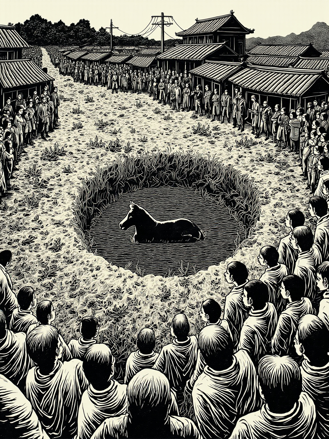 一条北方小镇的土路正中央塌着一个积水的深坑，路边围了一圈穿着灰蓝色旧棉袄的男女老少，有人指指点点，有人蹲着抽烟；坑里一头挣扎的猪露出半个身子；天空是铅灰色的，远处低矮的草房和电线杆剪影。