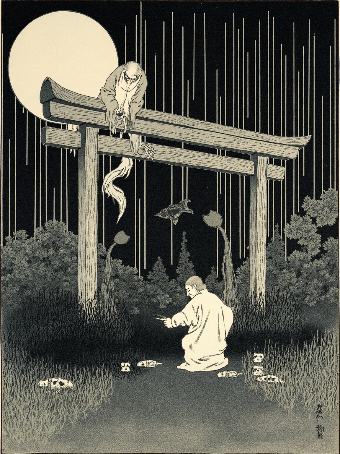 He pushed open the gate; within, the pale curtain stirred of itself, and beneath it lay nothing but white bone.