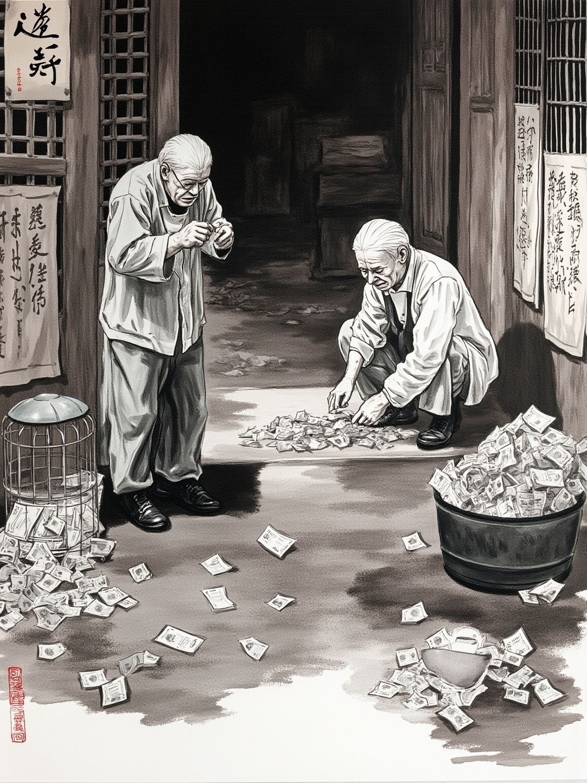 1948 年前后的裕泰茶馆：满屋狼藉，桌椅三两张歪斜散落，墙上贴着'莫谈国事'和新贴的国民党告示，王利发弯腰想把一张纸抹平，几个新面孔的暗探和地痞堵在门口谈生意，背后是贴着下三滥生意招牌草拟字样的门板