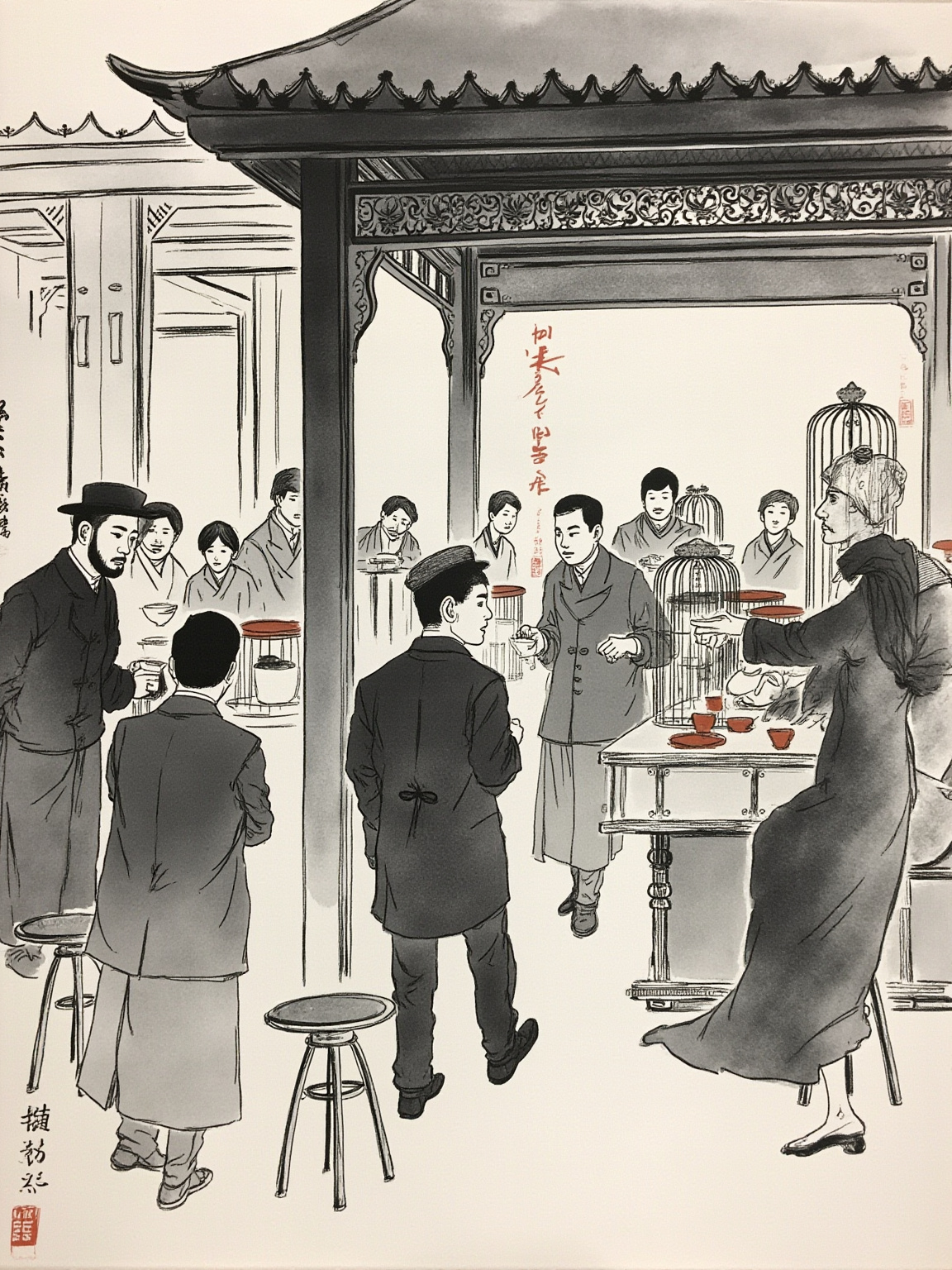 1898 年清末的北京裕泰茶馆：八仙桌、鸟笼、青花盖碗齐整排列，王利发穿着长衫在柜台后招呼客人，墙上新贴着一张写有'莫谈国事'字样的纸条，晨光从雕花木窗斜照进来，热闹但隐隐透着一丝警觉