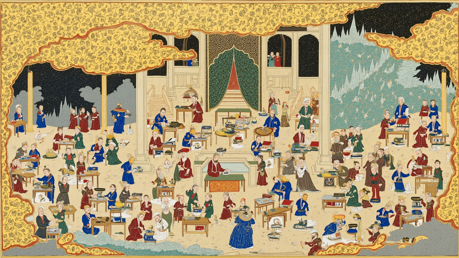 宫廷画坊横剖面:十几位画师伏案绘制,画案上铺满颜料碟、金粉瓶、半成型的细密画纸,墙上挂着完成的飞毯、妖境、苏丹围城三幅样品,钴蓝与朱红满屋,窗外是莫卧儿宫殿的圆顶。