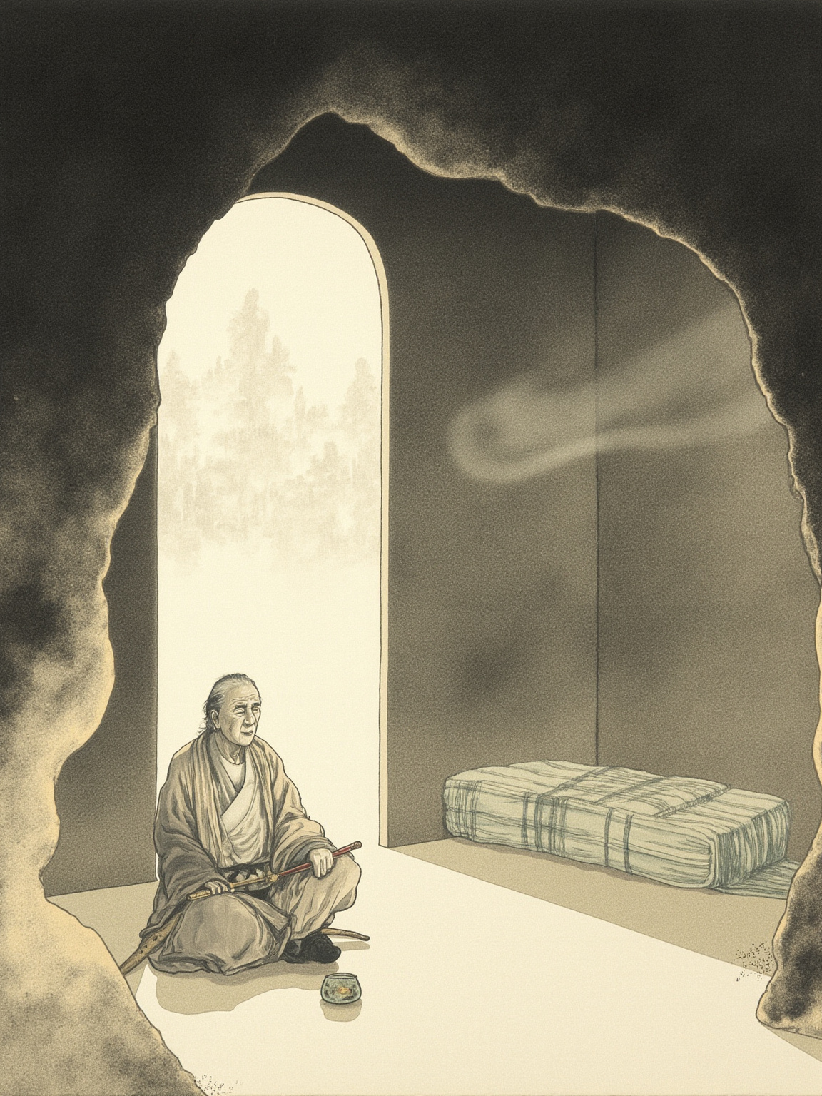 石窟口处的横剖面场景:老者盘坐洞口,面前地面铺开数卷打开的和纸,纸上以毛笔写有不同流派名号,他在其中一卷旁添注细字,洞外天色将暮,林木剪影可见