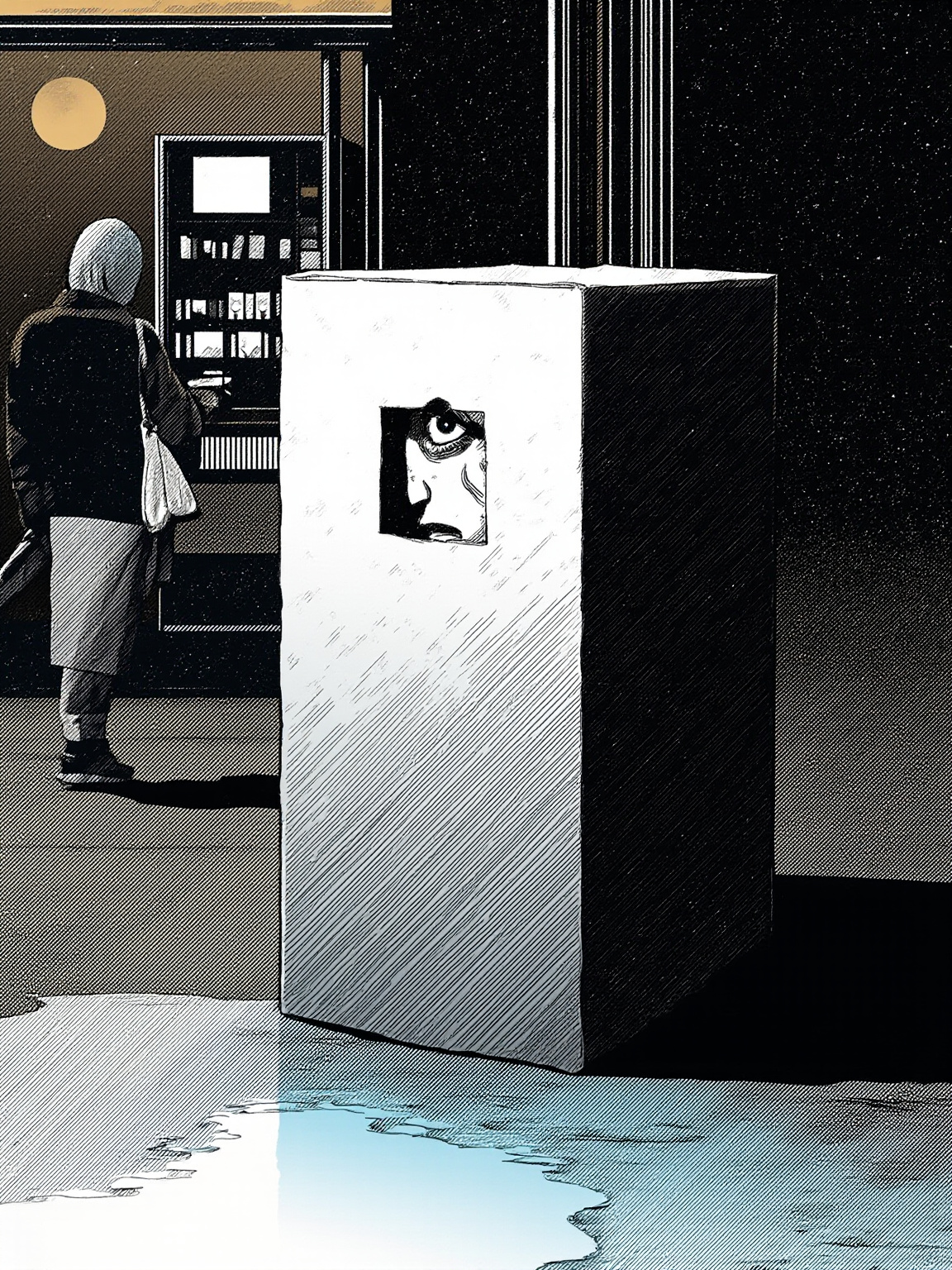Through the square hole the city was sliced into specimens: the glass door of the convenience store, the cold white of the vending machine, the office workers with their umbrellas in the rain.