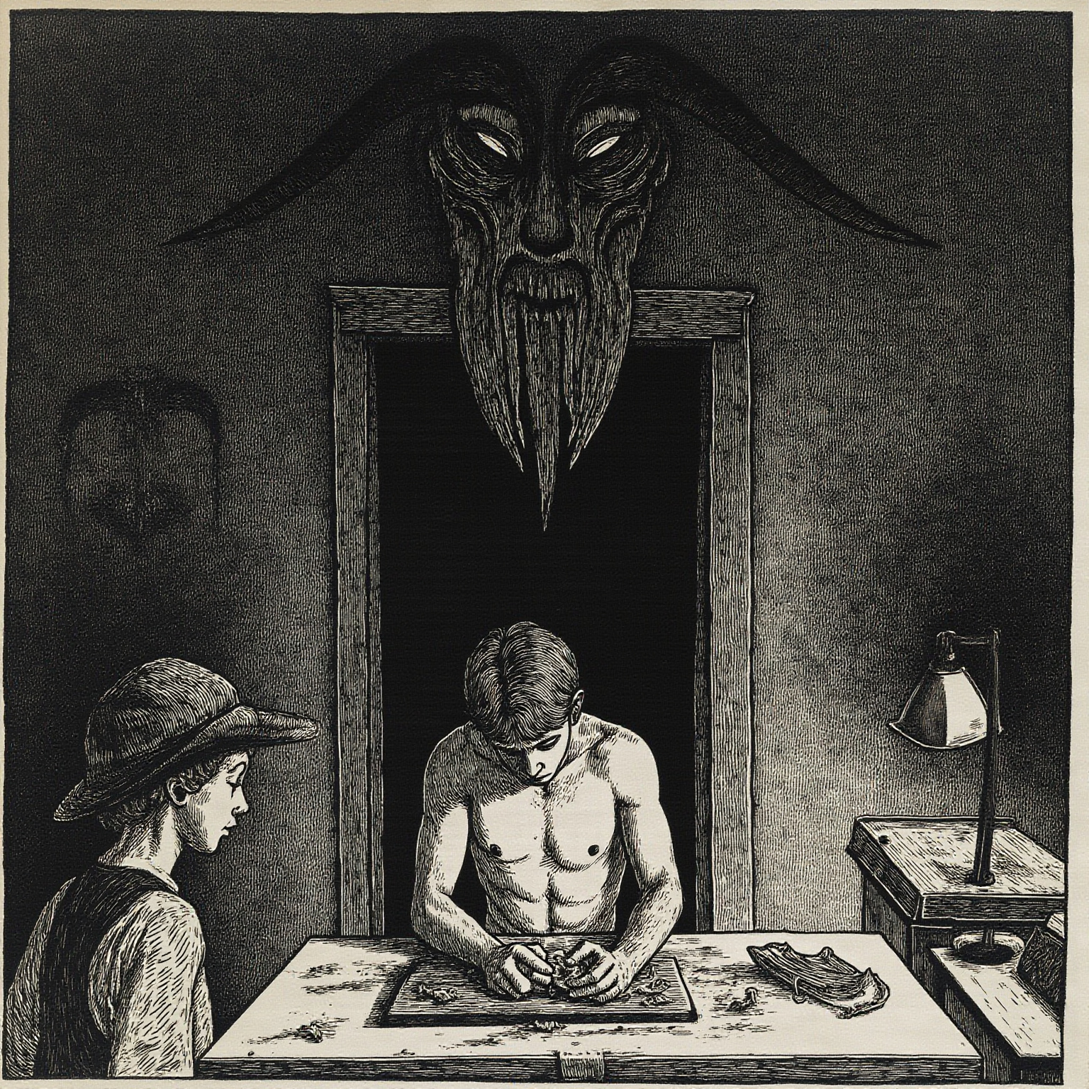 He is alone in the half-light, and the sculptor's dream is already clawing its way out through his hands.