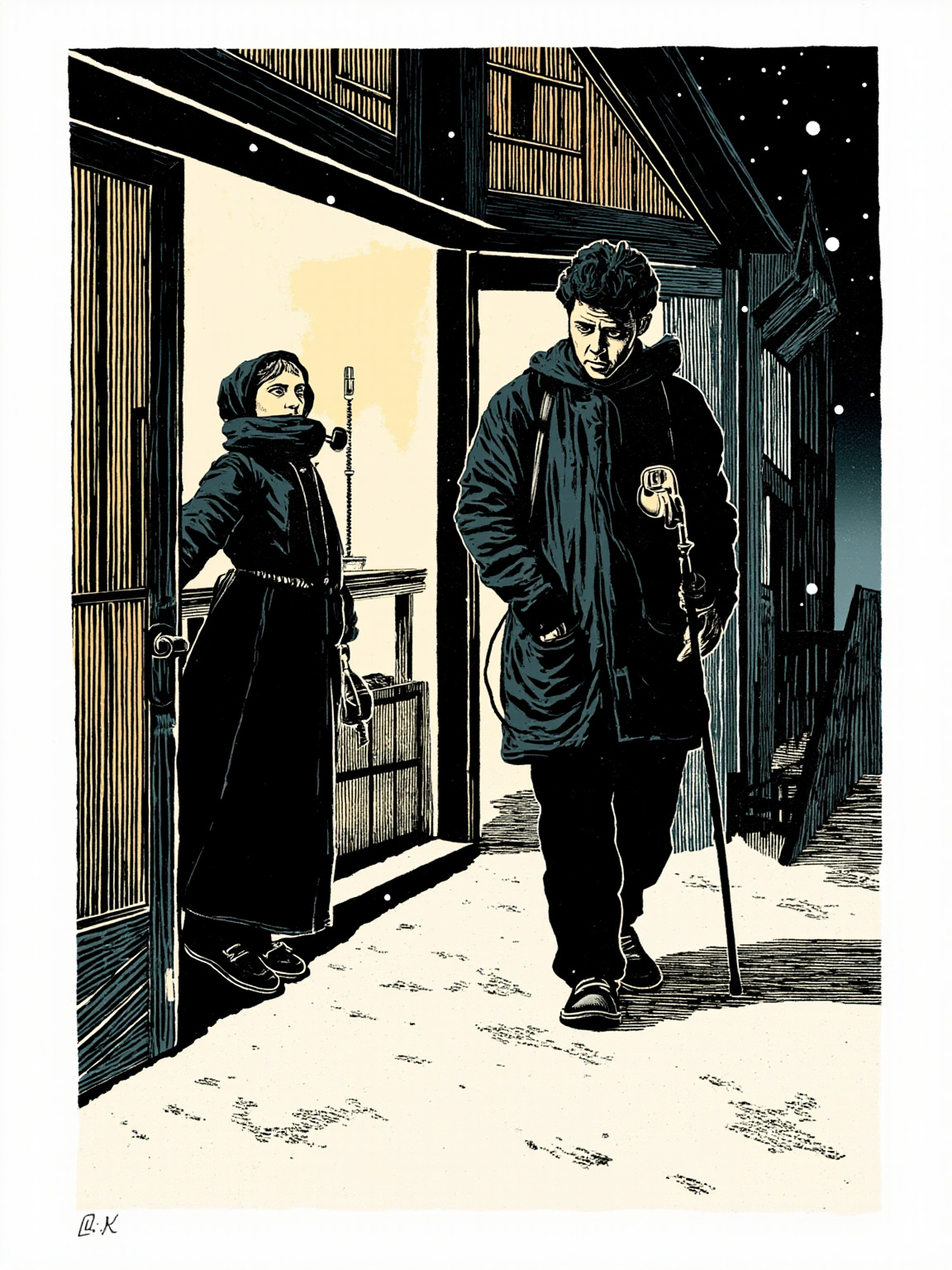 雪夜村口，昏黄灯火从桥头客栈的木窗里漏出来，一个穿黑衣的年轻人背着一根滑雪杖站在门槛上，柜台后的老板娘正把听筒递回给他，电话听筒还悬在空中