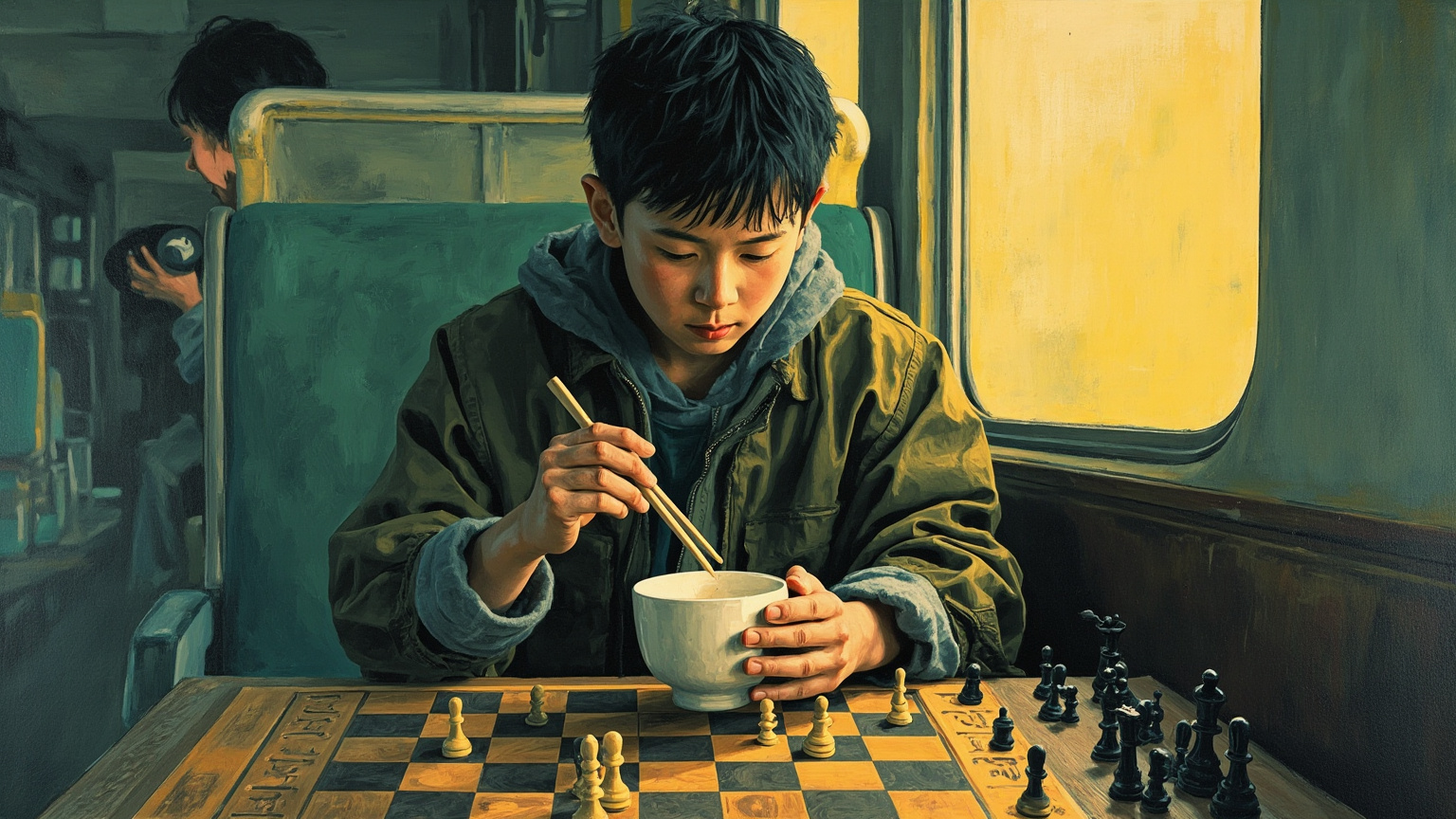 叙事性蒙太奇场景：上半部分是火车上吃饭盒的瘦小青年，下半部分是他低头摆弄无字木棋，两个画面被一道模糊的水平线分开，对应"吃饭与下棋"的主题。