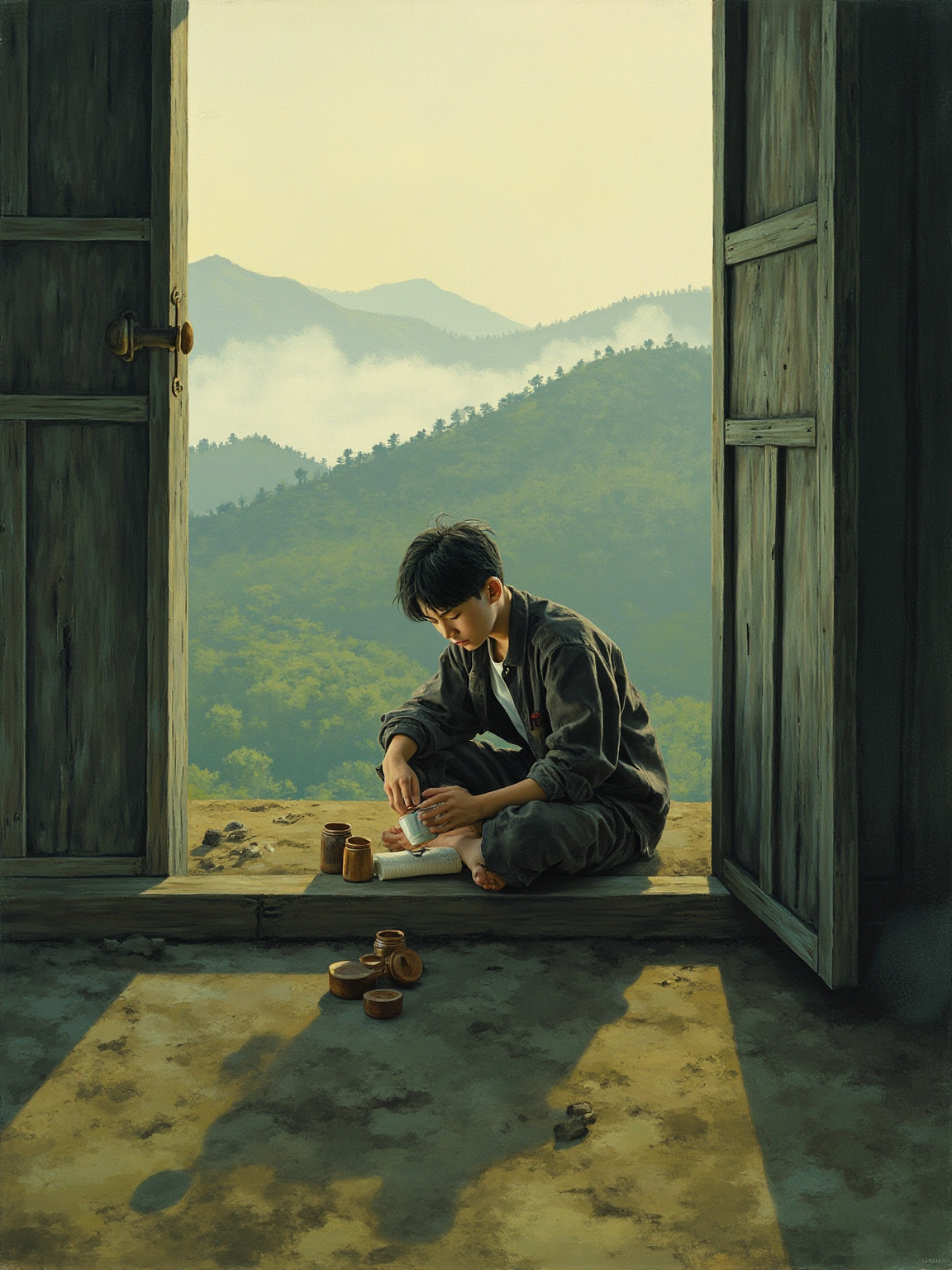 清晨山间竹棚外景，薄雾未散，瘦小青年独自坐在门槛上摆弄一副浅色木棋子，背对镜头，远山隐现。