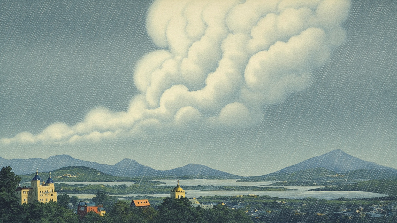 乌贾因古城上空，一朵巨大的积雨云压过低垂的塔楼与希普拉河涨起的河面，城中屋檐在雨雾中半隐半现，几点灯火从湿漉漉的窗里透出来。