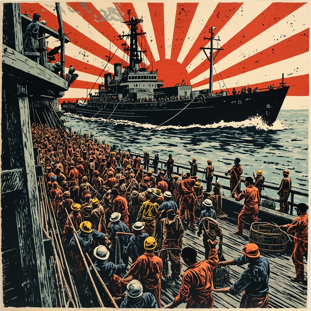 灰蓝色的海面上,帝国海军驱逐舰靠上蟹工船博光丸,戴白色水兵帽的海军士兵列队登船,舱口被他们堵住,背景是巨大的旭日旗——国家机器作为镇压者登场