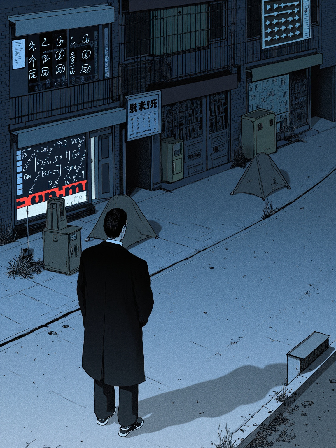 夜里无人的河堤步道，路灯把石神（穿深色外套、身形瘦削的中年男人）单独照在堤坝上，他背对镜头站着，面前是几个纸箱搭起的流浪汉帐篷，色调冷蓝，画面下方隐约能看见地面上有什么东西被拖过的痕迹