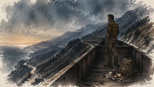 A small lone man with a rucksack stands in an open freight gondola riding a curving track along dark mountains at night, a far smear of orange city light behind him.