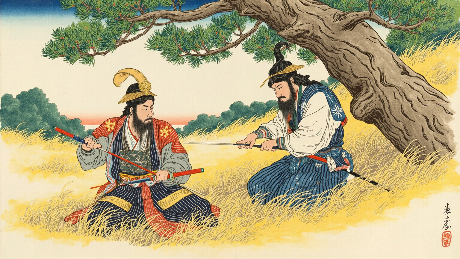二士狭路拔刀相向，怀中灵珠忽然一震，臂上胎记如被针挑，灼痛难忍——两人丢开兵器，亮珠亮印，八字对上，便把此命相托。