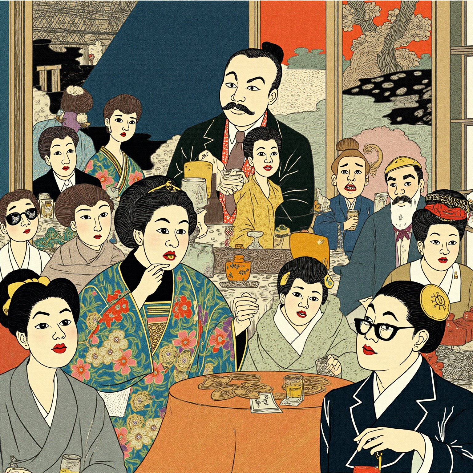 明治东京的新年歌留多会场,室内挂满纸灯笼,男女宾客穿着和服与立领学生装,贯一在人群中央把一枚钻石戒指套到阿宫指间,周围人举杯起哄。