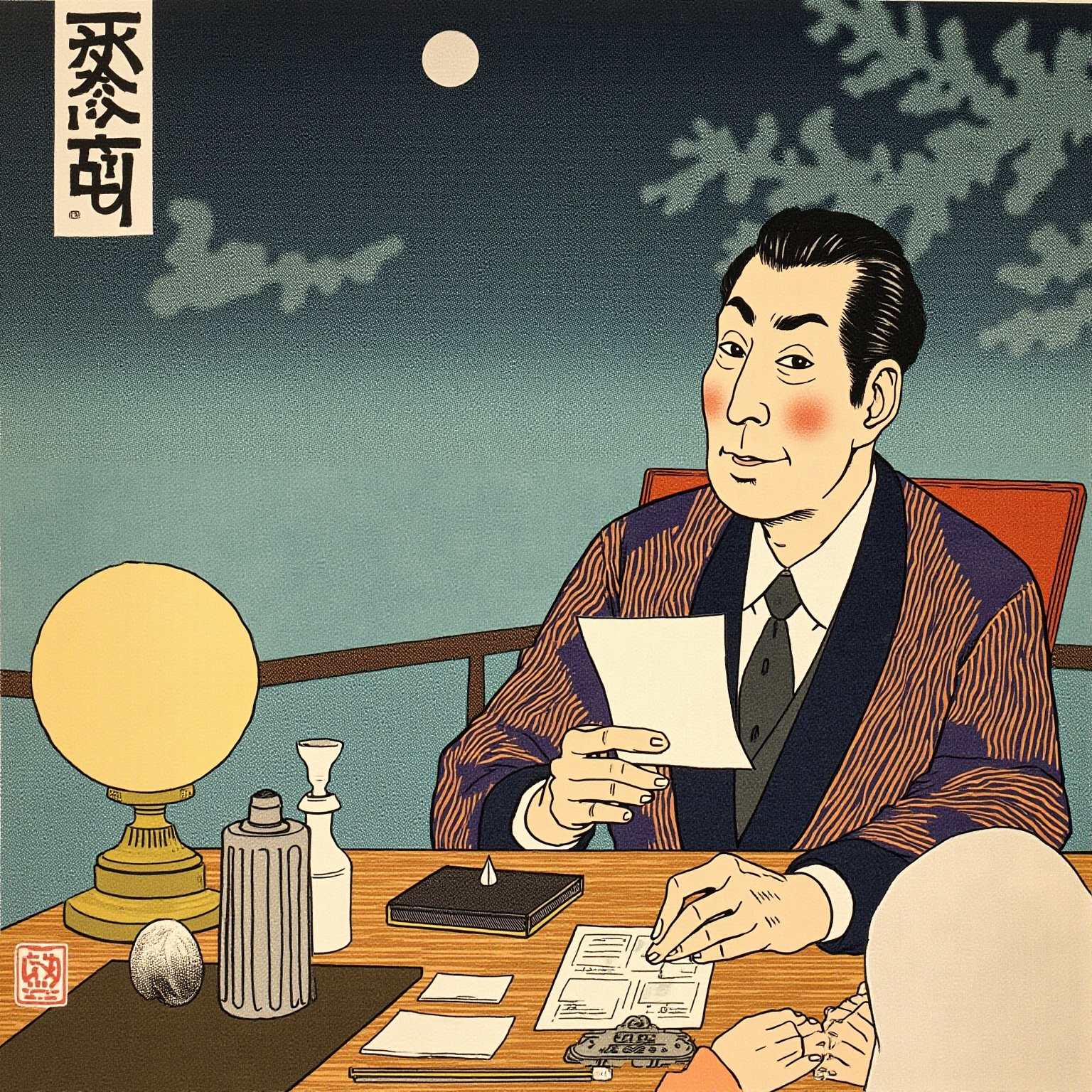 高利贷事务所的油灯下,贯一面无表情地把一张借据推过桌面,对面是一个跪着发抖的小商人,桌上摆着算盘、墨砚、和一只将要被收走的抵押怀表。