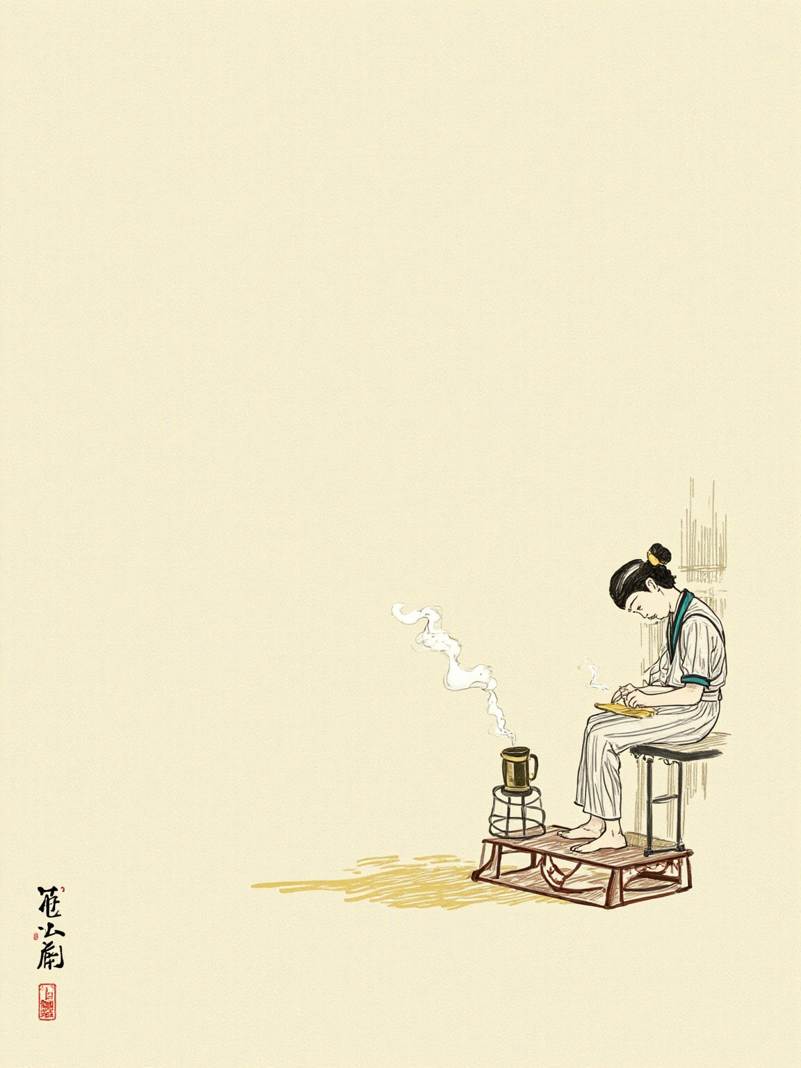 煤油灯下的特写，青年男子的手握着钢笔在稿纸上写字，纸面被字挤得密密麻麻，旁边的搪瓷缸冒着白气
