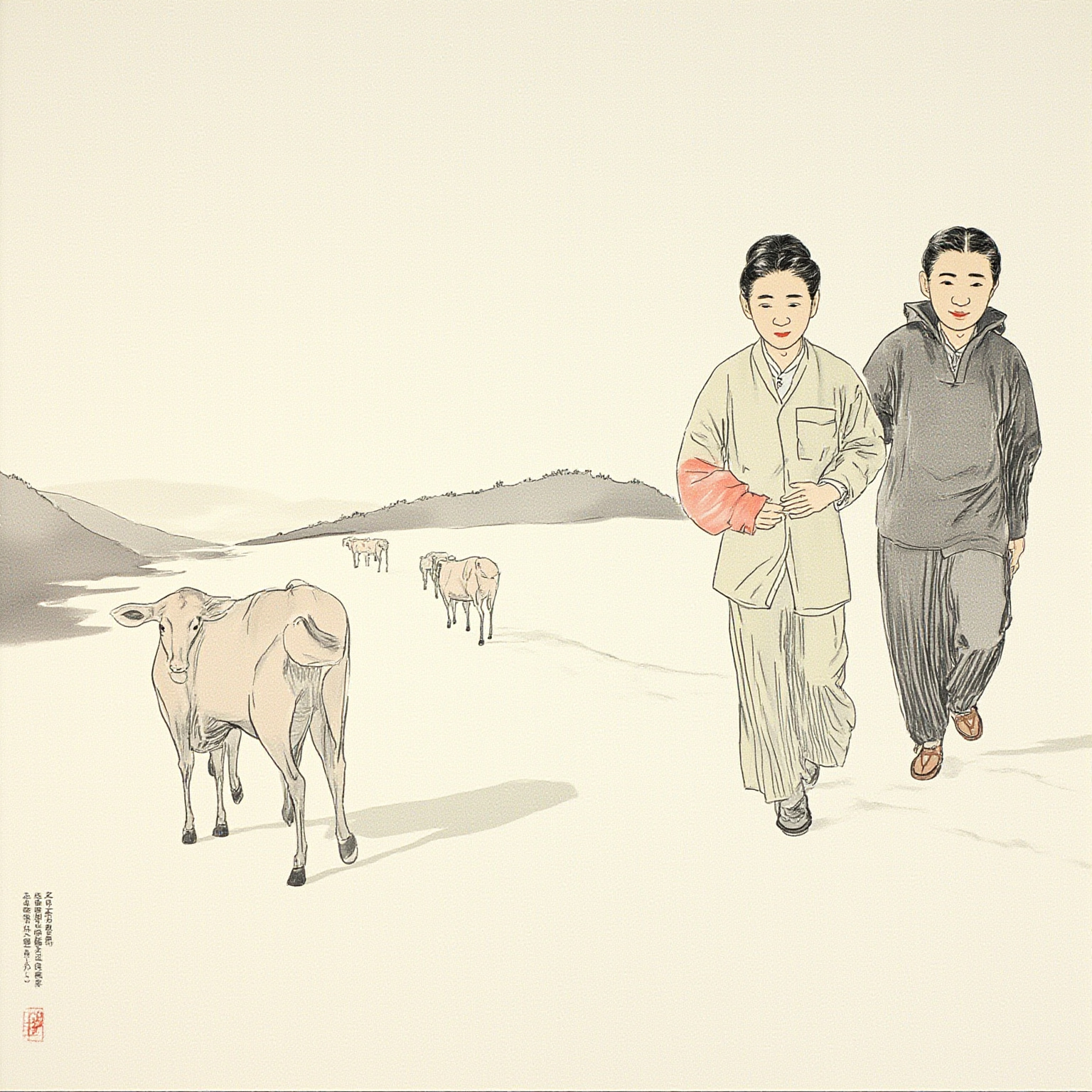 云南山寨前的山路，黄昏，王二和陈清扬在牛群边并肩走开，远处是木结构的卫生所和工作组的灰色平房，山雾压着树梢